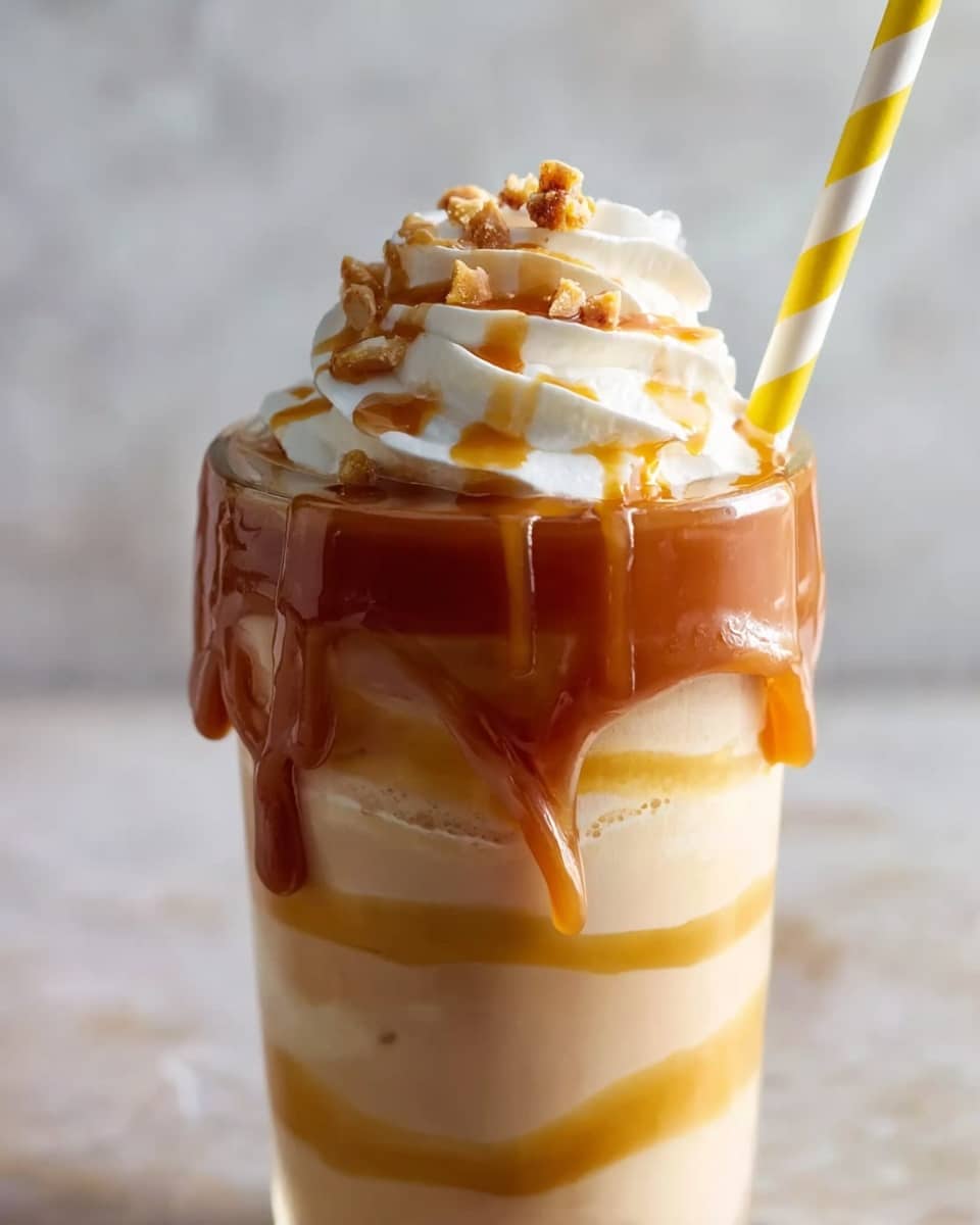 The image shows a close-up of a creamy drink in a clear glass. The bottom layer is light beige, topped by a thick caramel layer that drips down the glass edges. On top of the caramel, there is a thick swirl of white whipped cream, decorated with caramel sauce lines and small crunchy brown bits. A yellow and white striped paper straw is inserted on the right side of the glass. The background is a white marbled surface with soft natural light. photo taken with an iphone --ar 4:5 --v 7
