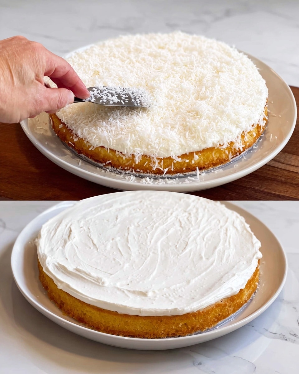 A round cake with a golden brown base layer sits on a white plate placed on a white marbled surface. The first layer is covered evenly with a thick, smooth white cream spread with a spatula. On top of the cream, a woman's hand sprinkles a thick layer of grated white coconut, covering the whole surface of the cake. Photo taken with an iphone --ar 4:5 --v 7