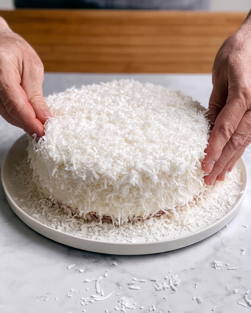 A round cake with one visible layer is covered fully in smooth white whipped cream, topped with a thick layer of shredded white coconut flakes. The cake sits on a white plate placed on a white marbled surface. A pair of hands are near the cake, one pressing down lightly on the top layer of coconut flakes and the other holding the side, causing some flakes to fall around the plate edges. The overall look is soft and fluffy with a light, textured top and clean, creamy sides photo taken with an iphone --ar 4:5 --v 7