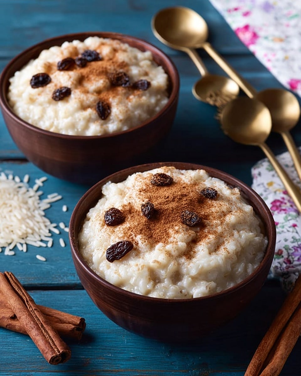 Two bowls filled with creamy white rice pudding with visible dark raisins mixed throughout. The bowls are white with brown rims, and they sit on a white marbled surface scattered with a few loose rice grains and two cinnamon sticks. A beige cloth with a colorful floral pattern is partially visible near the bottom right of the image. The texture of the rice pudding looks soft and thick. Photo taken with an iphone --ar 4:5 --v 7
