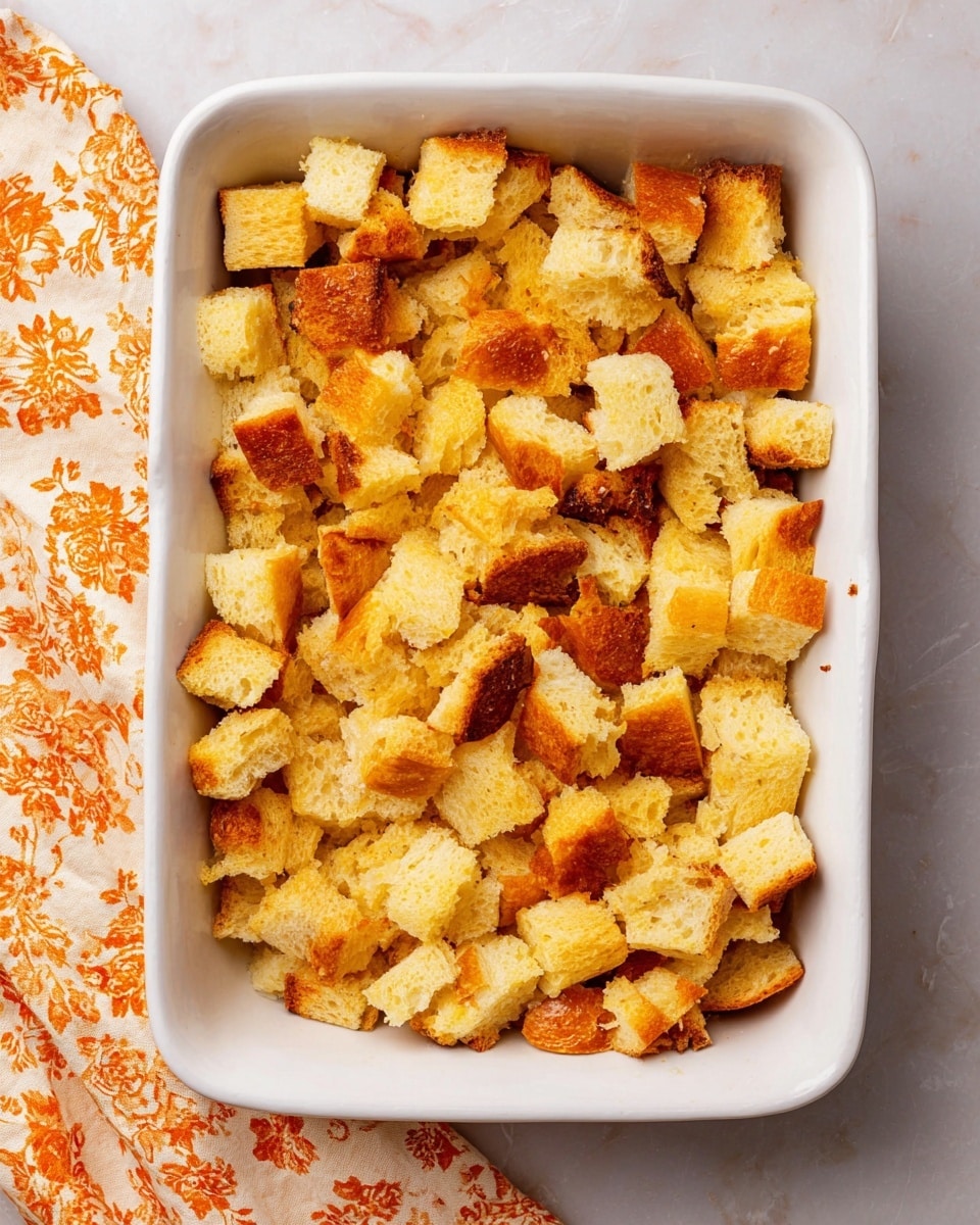 The image shows a white rectangular baking dish filled with uneven small and medium cubes of golden-yellow bread, some with light brown toasted spots on top. The bread pieces have a soft, spongy texture with a slight crispness on the browned edges. The dish sits on a white marbled surface with a floral orange and white cloth partially visible underneath on the left side. The overall look is warm and inviting, focusing on the rustic texture and color contrast of the toasted bread pieces photo taken with an iphone --ar 4:5 --v 7
