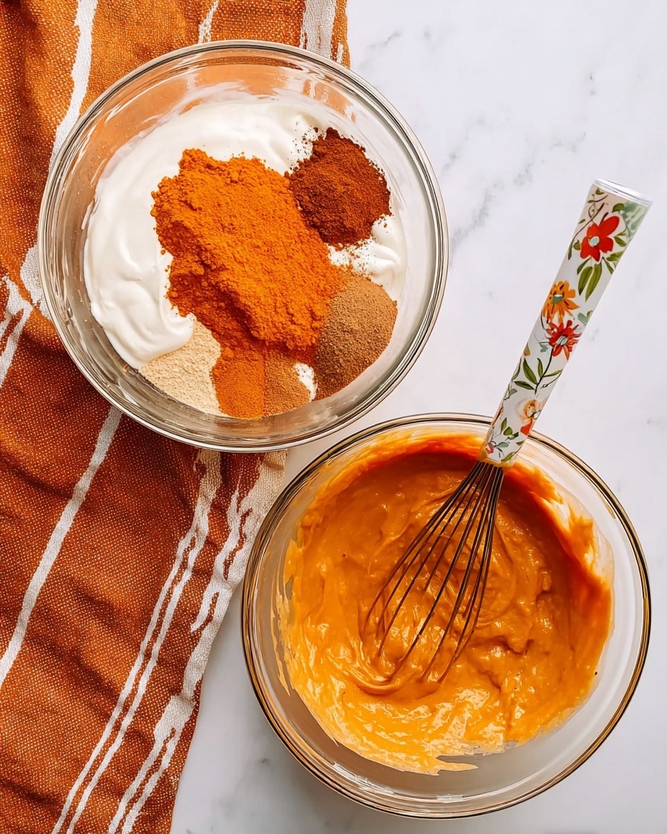 The image shows two clear glass bowls on a white marbled surface with an orange cloth that has white stripes underneath and partially around the bowls. The left bowl contains several layers: a thick white cream base, a large central pile of bright orange powder, smaller piles of brown powder, and some liquid drops creating contrast on the surface. The right bowl shows the same mixture fully combined into a smooth orange batter with a glossy texture, with a floral-patterned whisk resting inside. Photo taken with an iphone --ar 4:5 --v 7