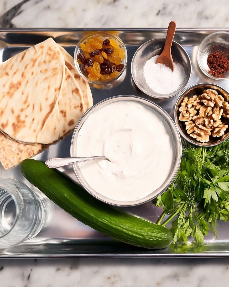 The image shows a metal tray with several ingredients carefully arranged on top of a white marbled surface. On the tray, there is a large bowl filled with smooth white yogurt placed near the center, with a spoon inside it. In front of the bowl, there is a long, dark green cucumber. To the right of the bowl, there is a small metal cup filled with walnut pieces and fresh green parsley bunches next to it. Above the walnuts and parsley, there are folded pieces of light brown flatbread. On the upper side of the tray, a small glass bowl filled with golden and dark brown raisins sits beside a small ceramic bowl of white salt with a tiny wooden spoon on top. On the left side of the tray, there is a glass pitcher filled with water and a small jar containing dark reddish-brown spice next to it. photo taken with an iphone --ar 4:5 --v 7