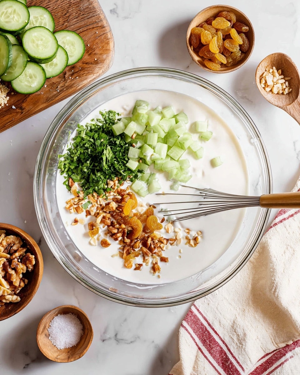A clear glass bowl sits on a white marbled surface and contains a layer of white creamy liquid. On top of the liquid, there are separate small piles arranged around a metal whisk: bright green chopped parsley on the right, golden brown chopped nuts on the bottom left, light green diced cucumber pieces on the upper left, and golden raisins at the top center. To the left of the bowl, there is a wooden board with thin green cucumber slices, and small bowls containing coarse salt with a wooden spoon and more chopped nuts are placed on the marbled surface nearby. A cream-colored cloth with thin red stripes lies on the right side. Photo taken with an iphone --ar 4:5 --v 7