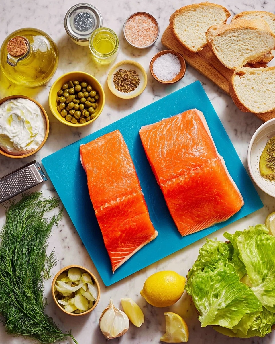 Two bright orange salmon fillets with a smooth, slightly shiny texture lie flat side by side on a blue cutting board in the center. Around the board are small bowls with a variety of ingredients: a small bowl of green capers to the bottom left, a yellow bowl with fresh dill above the salmon, a bowl with mixed spices near the middle, a divided bowl with salt and pepper beside it, and a bowl with white cream on the left side. A small yellow onion is near the left bottom corner, while a glass bottle of olive oil and a jar with pickles are placed on the top left. On the right side, there is a small pile of sliced white bread near a half lemon and a grater. Below the bread on the right edge is a cluster of bright green lettuce leaves in a white bowl, all sitting on a white marbled surface. Photo taken with an iphone --ar 4:5 --v 7