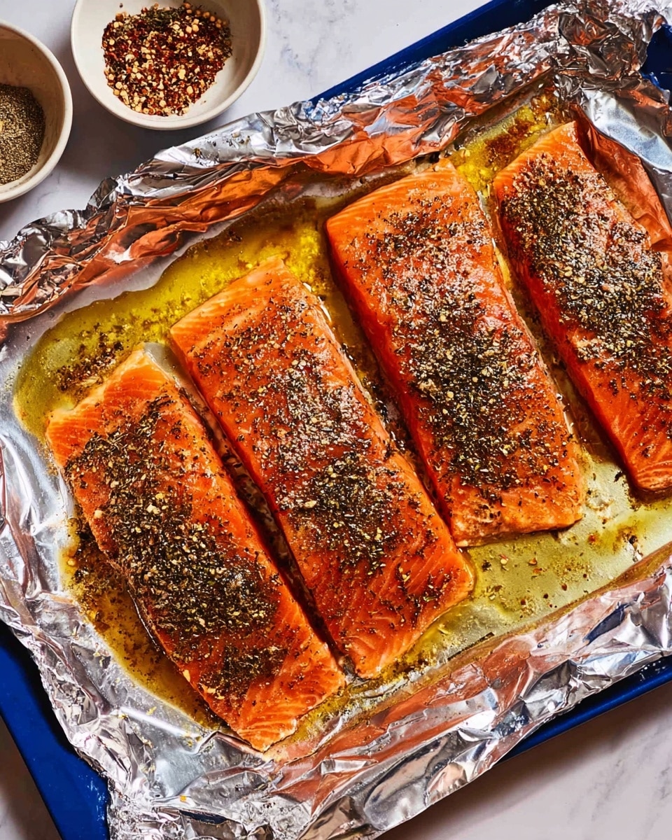 The image shows three large fillets of bright orange salmon laid side by side on a silver foil sheet inside a blue baking tray. The salmon pieces are covered with a layer of dark green and brown dry herbs and spices, sprinkled evenly across the surface. The foil beneath the salmon has a shiny, slightly crumpled texture with some yellow oil visible pooling around the fish. To the left of the tray, two small white bowls with mixed spices are partially visible. The whole setup rests on a white marbled surface. photo taken with an iphone --ar 4:5 --v 7