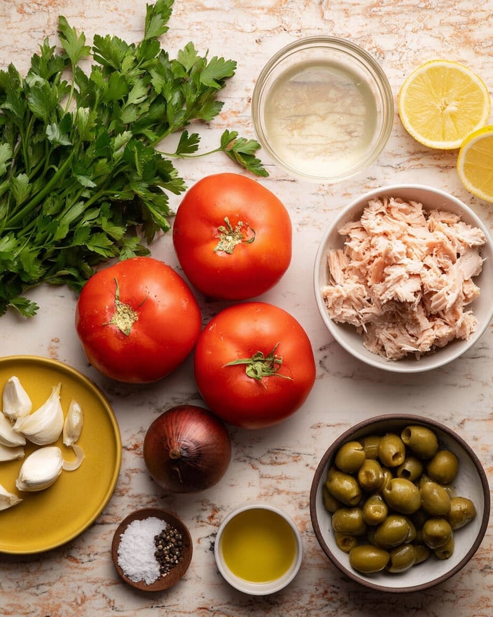 The image shows ingredients laid out on a white marbled surface, ready for a dish. There are four whole red tomatoes and one darker, almost brown tomato, arranged near the center. A bunch of fresh green parsley is placed behind the tomatoes. To the right, a white bowl filled with light pink shredded tuna sits next to a white bowl of green pitted olives. Lemon halves are positioned in the top right corner above a small clear bowl holding a pale liquid. On the left side, a yellow plate holds white garlic cloves and a small bowl of black pepper. Below the tomatoes, there is a whole yellow onion, a small dish of coarse salt, and a small clear bowl with golden olive oil. photo taken with an iphone --ar 4:5 --v 7