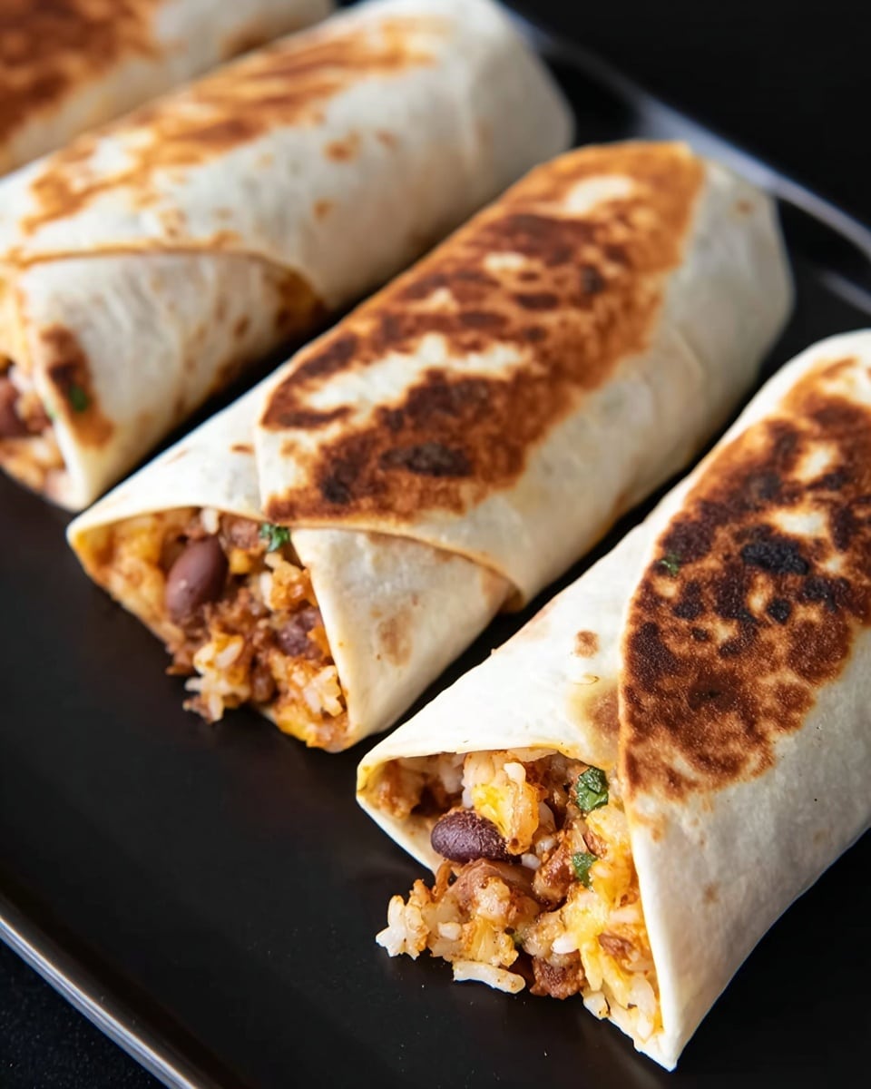 The image shows three grilled burritos on a black tray, each folded in half with a golden-brown toasted surface on the top layer. The tortillas are white and soft with some charred spots giving a crispy texture. Inside the burritos, there are visible layers of cooked beans, melted cheese, and bits of rice mixed with some green herbs, slightly spilling out from the open ends. The overall colors include warm beige and brown from the tortilla and fillings, complemented by the darker toasted areas, placed on a smooth black surface. Photo taken with an iphone --ar 4:5 --v 7