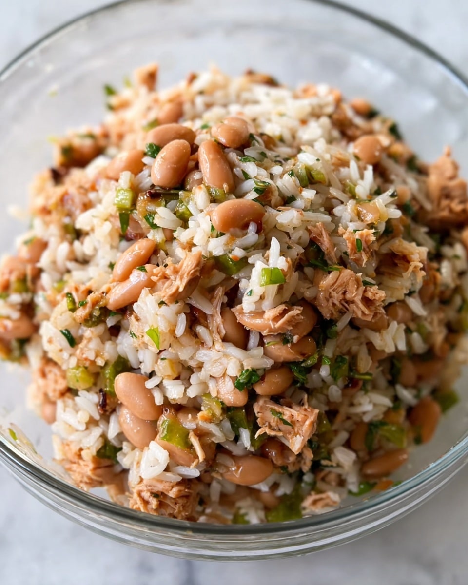 A close-up view of a mixed dish in a clear bowl showing three primary layers: white rice grains mixed with light brown beans, small pieces of shredded light brown meat or tofu, and chopped green herbs and peppers scattered throughout. The rice and beans create a textured base with a soft shine, while the meat or tofu pieces add chunkiness, and the herbs add small flecks of bright green color, all combined in a loose, uneven pile. The clear bowl sits on a white marbled textured surface. The photo taken with an iphone --ar 4:5 --v 7