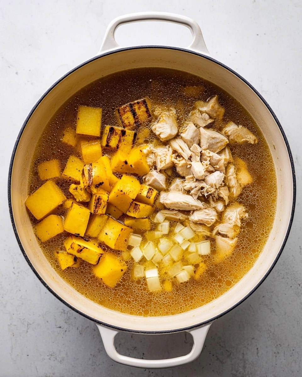 Inside a white pot with two handles on a white marbled surface, there is a broth with three main layers: to the left and front, medium-sized golden yellow cubes with some grill marks, likely roasted vegetables, sitting in the broth; to the back right, small, pale beige chunks of cooked chicken piled over the broth; and scattered small diced light yellow pieces near the chicken, all surrounded by the clear, warm brown broth with small bubbles around the edges. The pot is viewed from above, showing a clear separation of the ingredients by area photo taken with an iphone --ar 4:5 --v 7