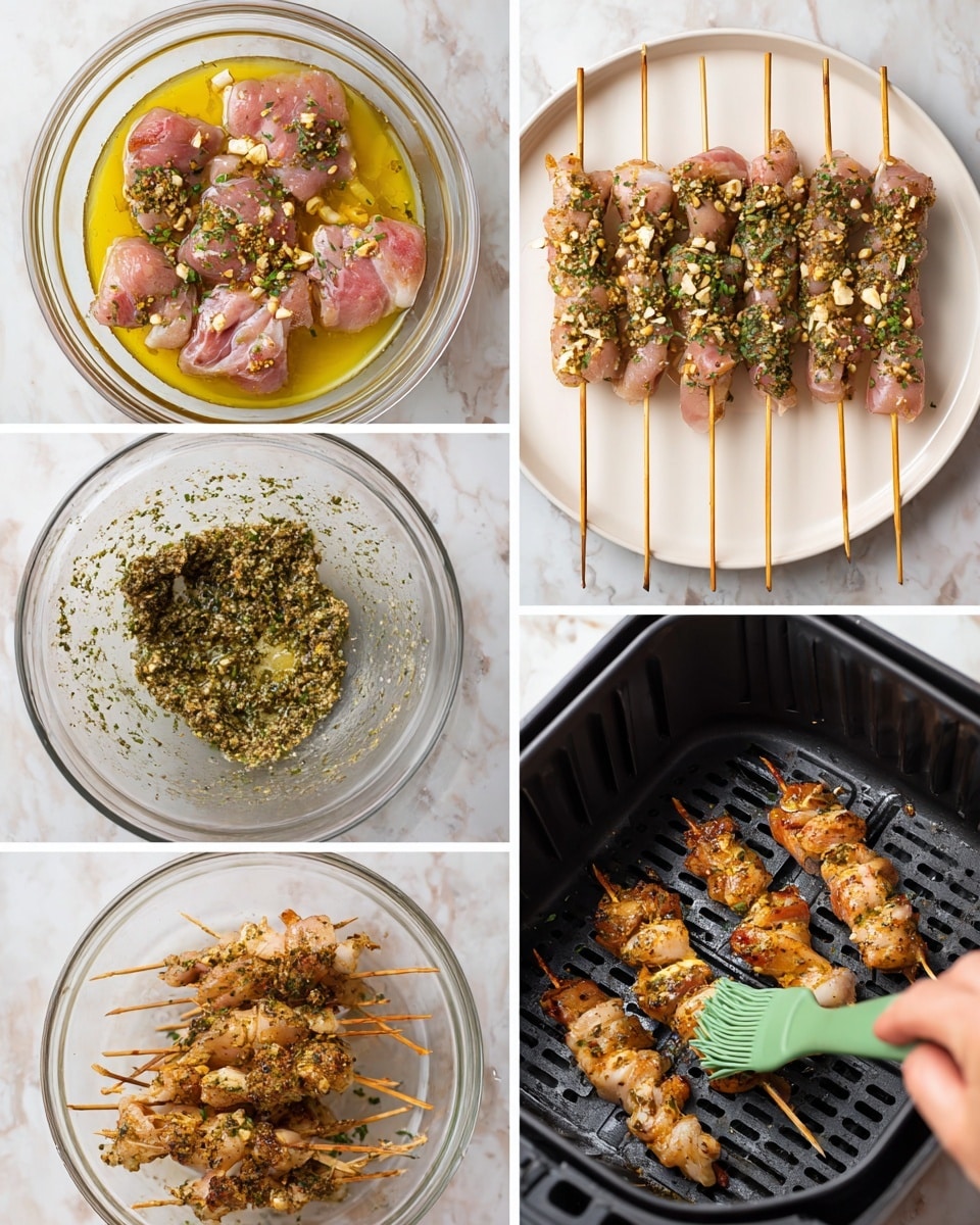 The image shows a six-step process of preparing skewered chicken, arranged in a grid. The top left photo is a clear glass bowl filled with raw pink chicken pieces covered in yellow oil and sprinkled with green herbs and crushed nuts. The top middle image shows five wooden skewers laid flat on a white plate, each holding folded pink chicken pieces with visible herbs. The top right photo shows four skewers with raw chicken inside a black air fryer basket. The bottom left image displays a glass bowl with a rough, green herb paste mixture and a silver fork in the bowl. The bottom middle photo has three partially cooked skewers inside the air fryer basket, with golden brown chicken pieces. The bottom right photo shows a woman's hand using a green silicone brush to spread the herb paste on the cooked skewers, which now have a bright green coating on the golden chicken. All images have a white marbled textured surface background. photo taken with an iphone --ar 4:5 --v 7