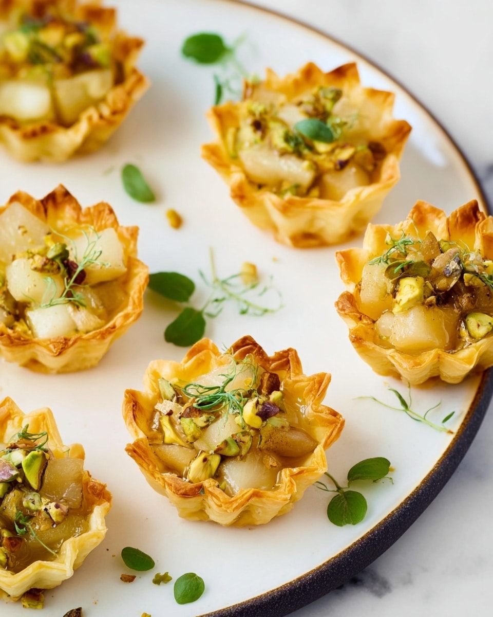 The image shows 15 small empty crispy tart shells arranged neatly in a clear plastic tray on the left side, all golden brown with ruffled edges. On the right, a white marbled surface holds a wooden cutting board with a half round of white soft cheese and a small bunch of fresh green thyme leaves. Next to the cutting board is a small brown glass bowl filled with golden honey and a wooden honey dipper resting inside it. Above the cutting board, there is a whole green pear and a small white bowl filled with chopped pistachios. The scene is bright and clean, with simple natural colors. photo taken with an iphone --ar 4:5 --v 7