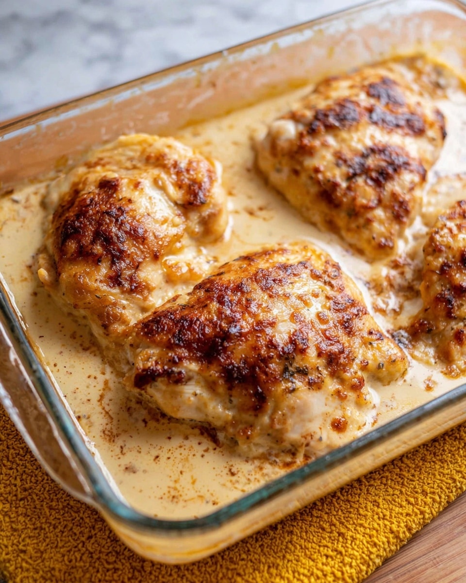 The image shows three large pieces of cooked chicken with a slightly browned and textured top layer, sitting in a shallow pool of creamy, light beige sauce in a clear glass baking dish. The chicken pieces are arranged close together, with a smooth but uneven surface and browned spots giving a roasted look. The sauce around the chicken has a shiny, slightly oily texture, pooling in the corners of the dish. The dish is placed on a white marbled textured surface with a yellow textured cloth underneath the glass dish. Photo taken with an iphone --ar 4:5 --v 7