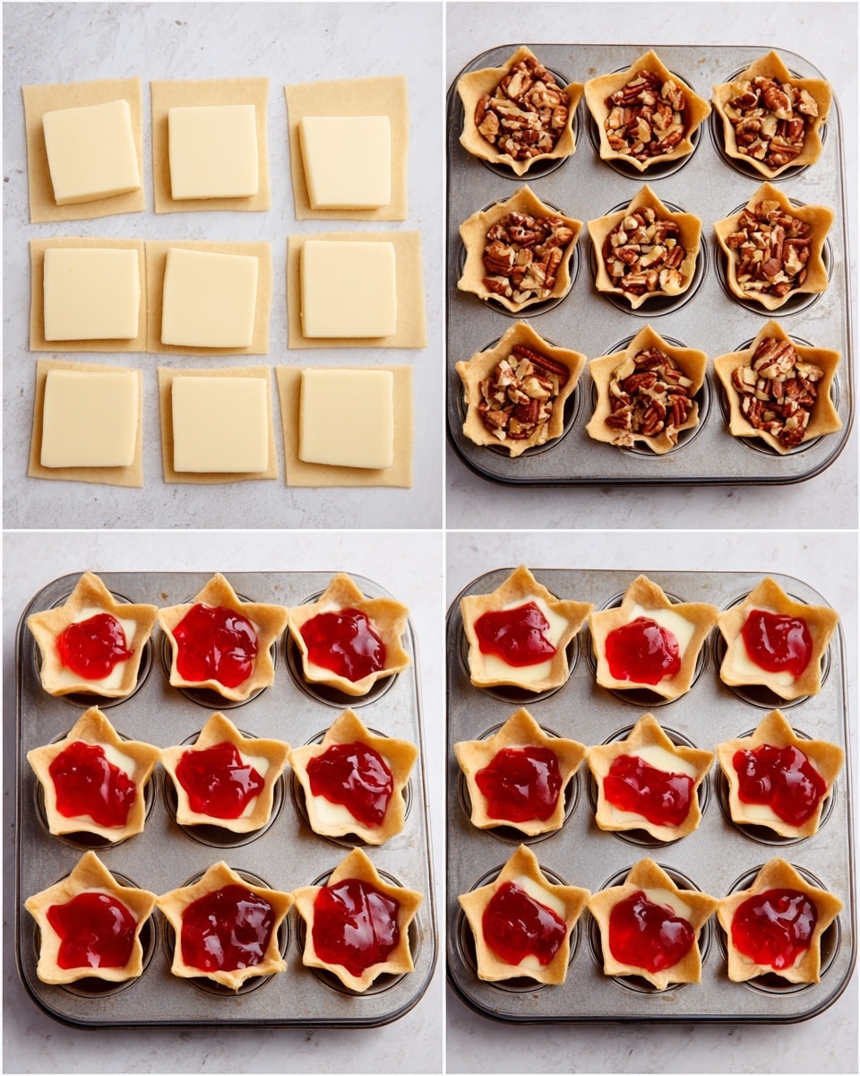The image shows four steps of making mini tartlets on a white marbled surface. The first step displays a flat sheet of dough cut into 24 small squares, evenly arranged in a 4x6 grid. The second step shows the dough squares pressed into a metal muffin tray, each square shaped like a small cup filled with chopped pecans, brown and textured with a rough, crunchy look. The third step adds a thick, creamy, pale yellow square of cheese on top of the nuts in each cup, creating a two-layer look with the cheese sitting neatly on the nuts. The final step tops each tartlet with a dollop of vibrant red jelly, unevenly spread over the cheese, adding a shiny, smooth, and slightly chunky layer contrasting with the creamy cheese and the rustic nut base. Photo taken with an iphone --ar 4:5 --v 7