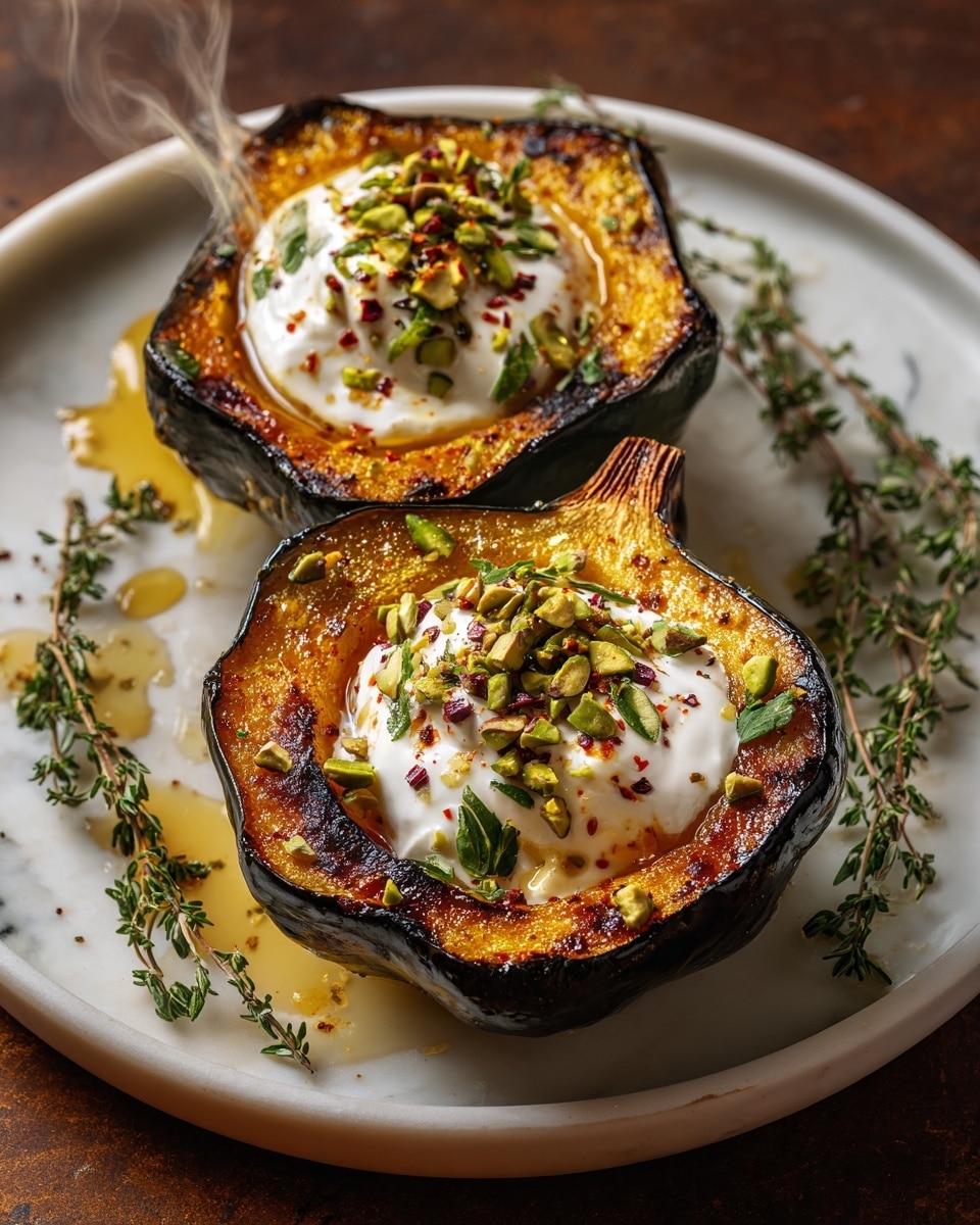 Two halves of a roasted acorn squash sit on a round white plate, each with a deeply charred, dark golden skin and soft orange-yellow flesh. On top of each squash half is a thick dollop of white cream, sprinkled with small green pistachio pieces, fresh green herb leaves, and tiny red chili flakes. A drizzle of amber-colored oil or honey adds shine and richness over the cream and edges of the squash. Around the plate, sprigs of fresh thyme rest on a white marbled surface. The image is warm and cozy, with steam rising gently from the food, photo taken with an iphone --ar 4:5 --v 7