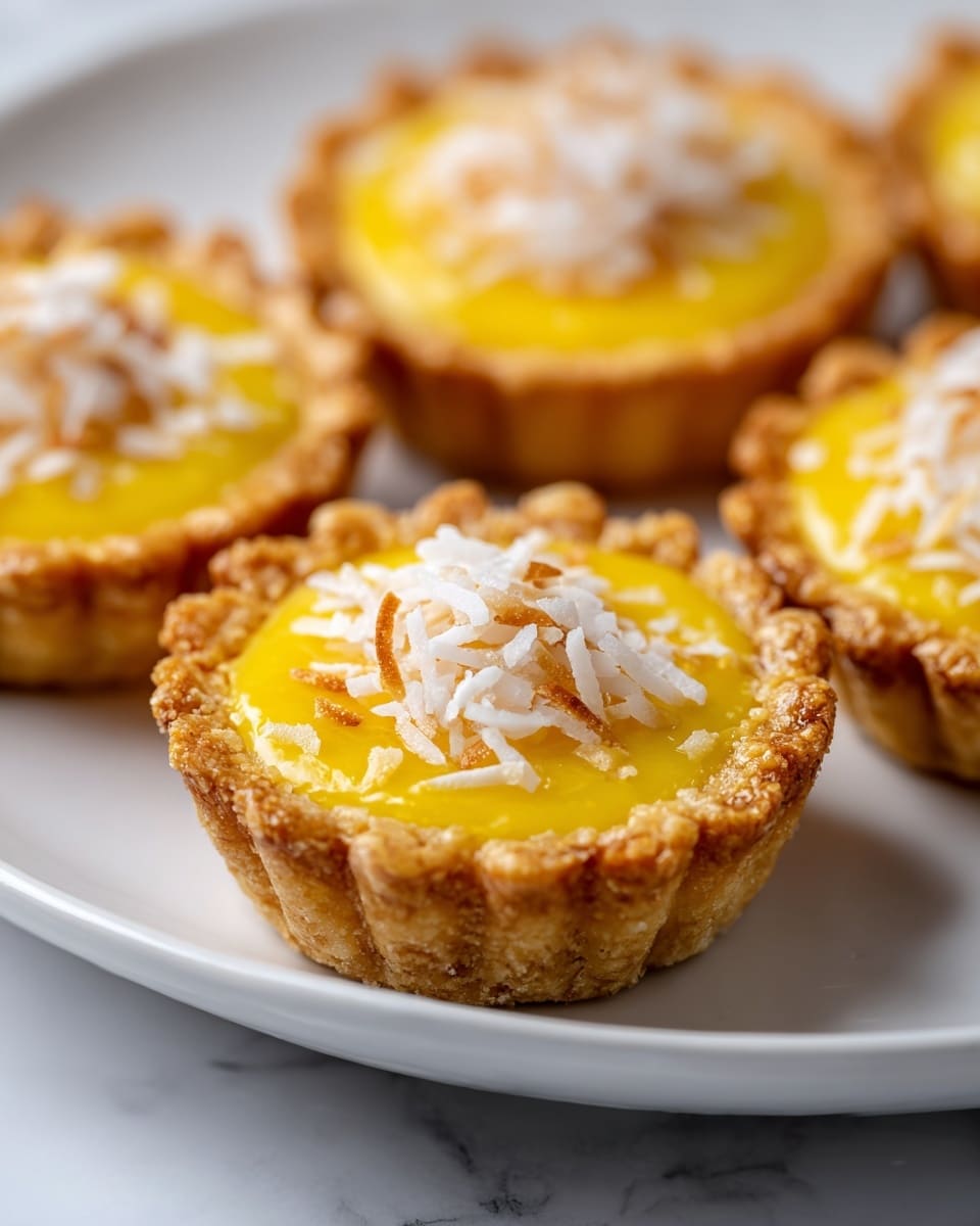 The image shows several small tartlets arranged on a white plate, placed on a white marbled surface. Each tartlet has three visible layers: a light golden-brown, slightly crispy crust forming a scalloped edge on the outside; a smooth and bright yellow filling inside; and a topping of white and light brown toasted shredded coconut piled in the center. The focus is on the foreground tartlet, with soft blurring of the others in the background, creating a warm and inviting look. photo taken with an iphone --ar 4:5 --v 7