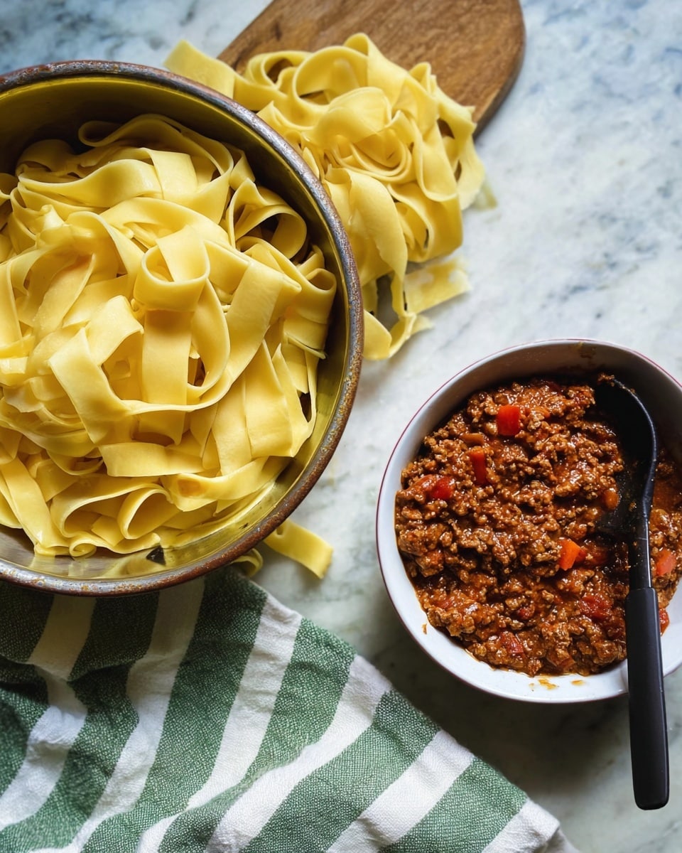 The image shows two bowls on a white marbled surface. The larger bowl on the left is filled with wide, flat pasta ribbons that are pale yellow and look soft and smooth. The pasta strands are loosely layered, with some hanging over the side of the bowl. The smaller white bowl on the right contains a thick brown meat sauce with a chunky texture, mixed with small pieces of red and orange ingredients. A black spoon is partially submerged in the sauce, resting on the side of the bowl. Behind the bowls, there is a cloth with green and white stripes, adding a casual touch. photo taken with an iphone --ar 4:5 --v 7