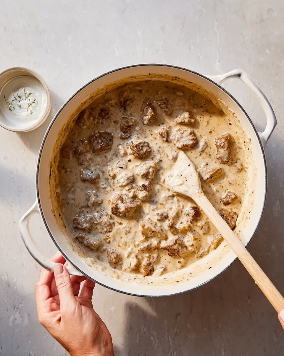 A white pot filled with a creamy, thick mixture that has chunks of browned meat evenly spread throughout. The creamy sauce is light beige with small flecks of herbs and spices, showing texture and richness. A woman's left hand holds the pot steady while her right hand stirs the mixture with a wooden spatula that has a pale wood grain. Nearby is a small white bowl with a white creamy substance inside, placed on a white marbled surface. The lighting is natural and soft, highlighting the texture of the sauce and meat pieces. Photo taken with an iphone --ar 4:5 --v 7