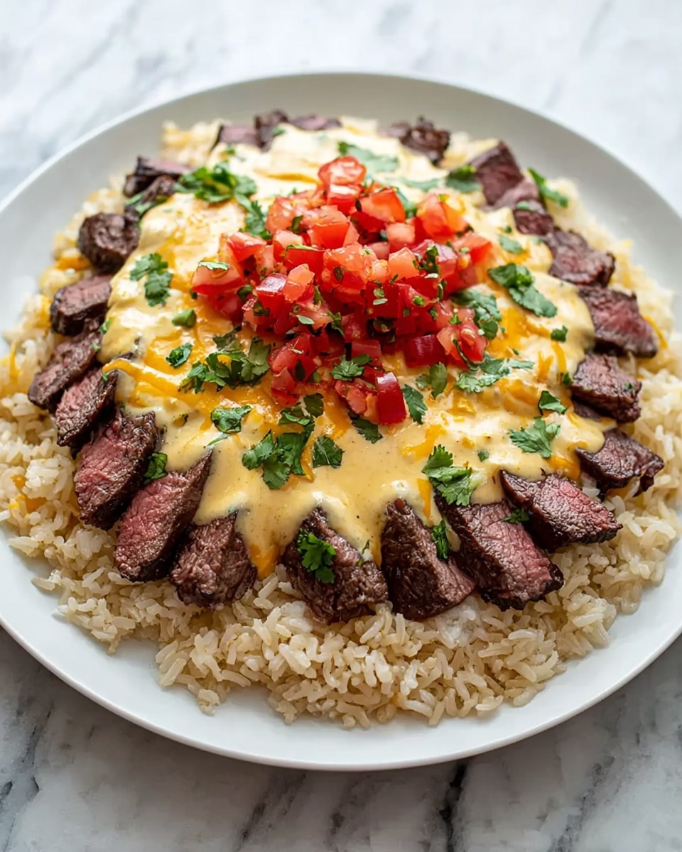 This dish is served in a white bowl placed on a white marbled surface, with a base layer of yellowish cheesy rice mixed with some herbs. On top of the rice, there are several slices of grilled meat, dark brown with visible grill marks and a slightly juicy texture. The center is topped with a dollop of creamy white sauce, sprinkled with black pepper and finely chopped green herbs. Around the sauce, there are small pieces of bright red diced tomatoes and more chopped green herbs scattered over the meat and rice, adding fresh color. photo taken with an iphone --ar 4:5 --v 7