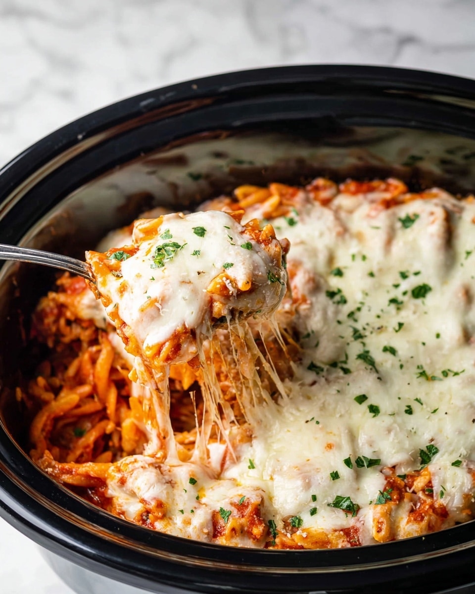 This image shows a black slow cooker filled with a layered pasta dish. The bottom layer is red tomato sauce mixed with cooked pasta, giving a bright red and orange texture. On top of this is a thick layer of melted white cheese that looks soft and slightly stringy. The dish is garnished with small bright green herb pieces scattered on the cheese. A silver spoon is lifting a portion, showing more pasta and sauce underneath the cheese. The background is a white marbled texture. photo taken with an iphone --ar 4:5 --v 7