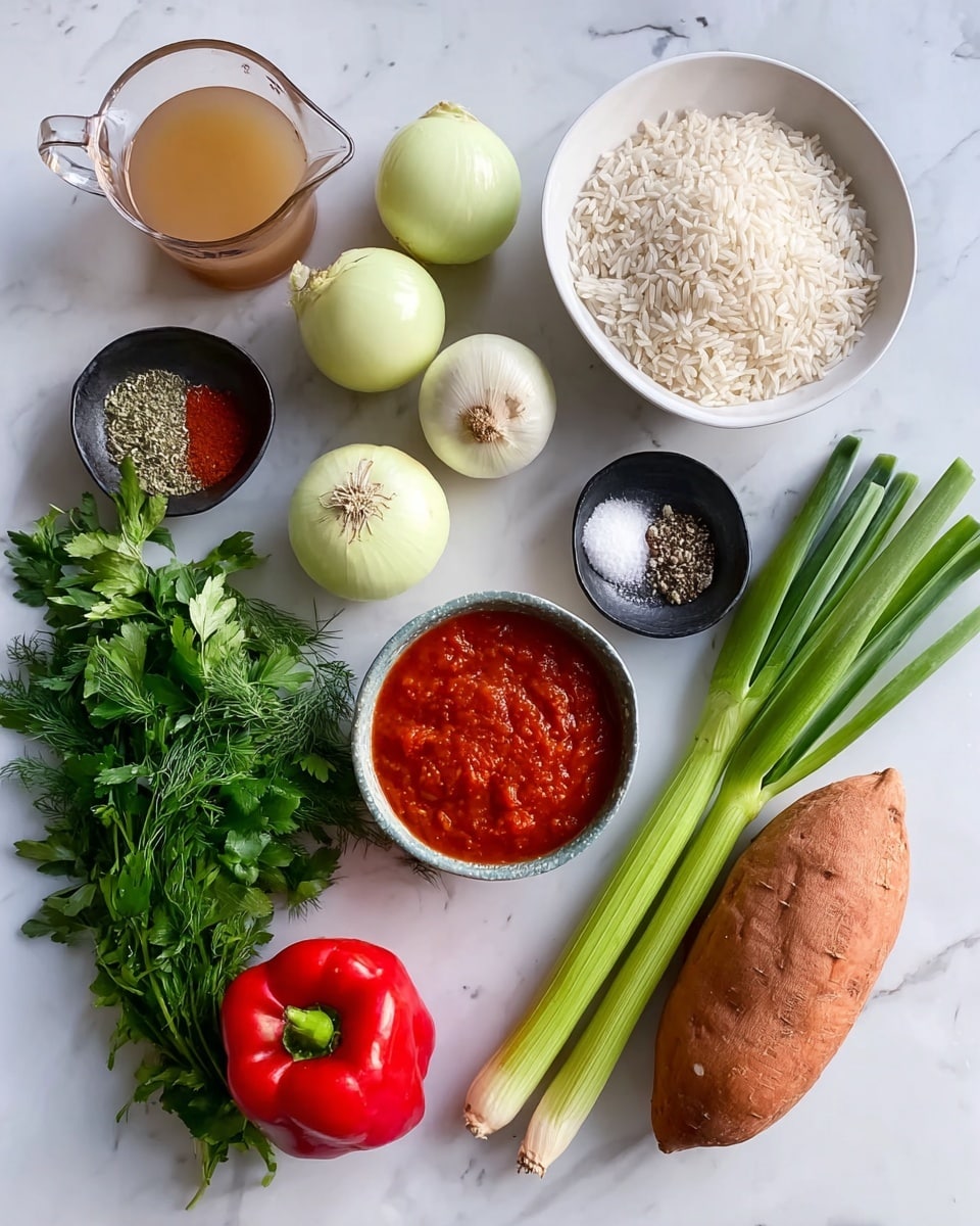 The image shows various fresh ingredients neatly arranged on a white marbled surface. At the center, a white bowl filled with uncooked white rice sits next to a small black dish holding salt, black pepper, and herbs. Surrounding these are four pale yellow onions, three garlic cloves, a small bowl of bright red sauce, and a larger bowl of rich red tomato sauce. Fresh green herbs, including parsley, dill, and basil, are spread out near the bottom left alongside a red bell pepper. On the right side, three green celery stalks and three green onions lie next to a dark orange sweet potato. A clear glass measuring cup filled with a light brown liquid is positioned at the top left. The ingredients are all placed on a clean white marble background, photo taken with an iphone --ar 4:5 --v 7