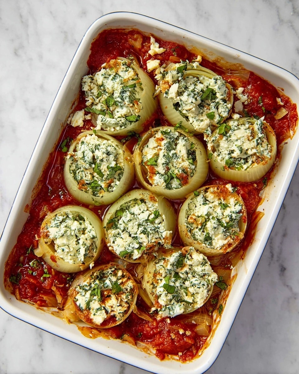 A white rectangular dish holds a meal of several large onion rings filled with a white crumbly cheese mixed with chopped green herbs, neatly placed in rows over a bed of chunky, red tomato sauce with visible pieces of cooked onion. The onions have a soft, cooked texture with a pale green to slightly yellow color. The tomato sauce underneath has a rich red tone with orange hues from oil and cooked onion pieces scattered around. The cheese filling has small green bits from herbs, adding texture and color contrast. The dish is placed on a white marbled surface. Photo taken with an iphone --ar 4:5 --v 7