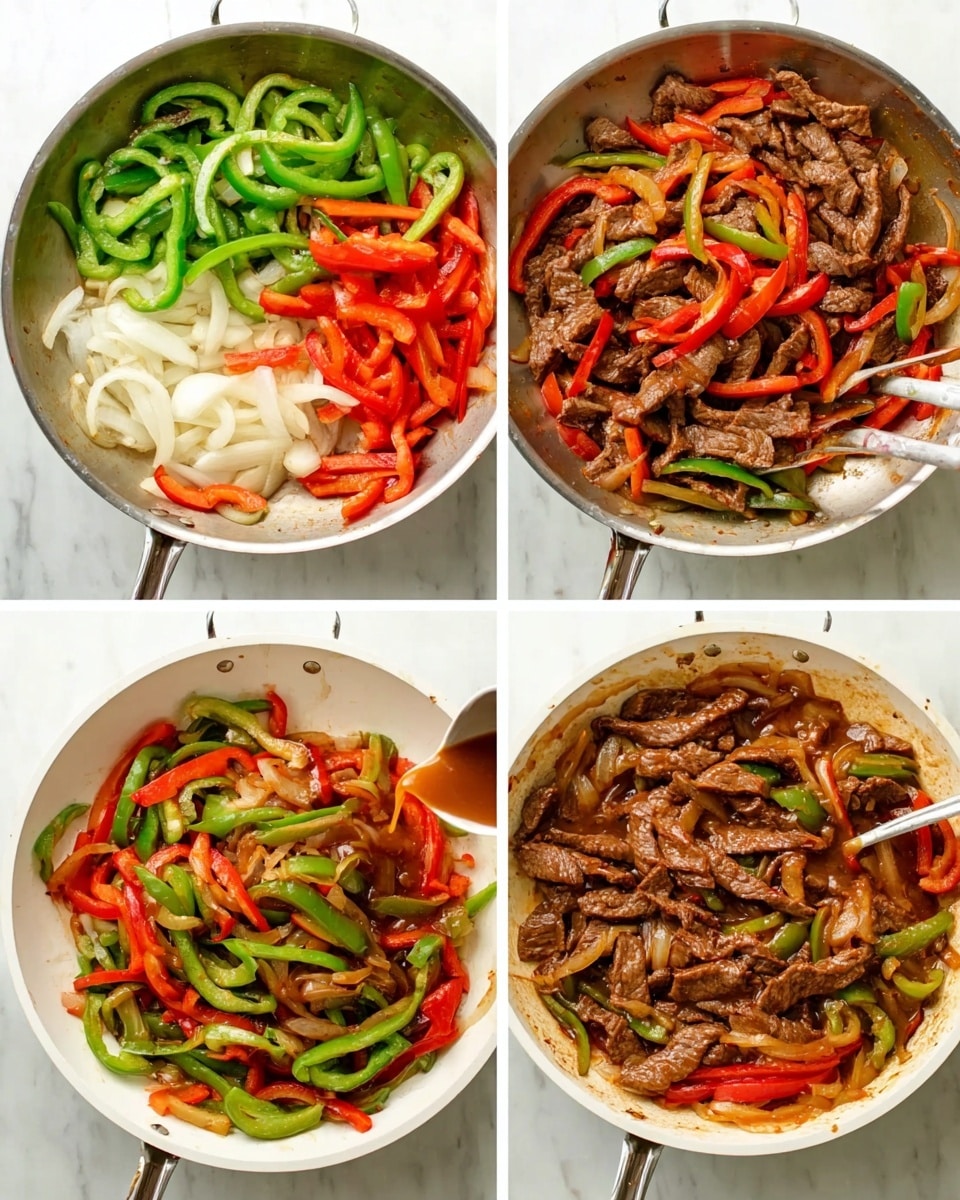 The image shows a white metal pan on a white marbled surface, with six steps of cooking a beef and pepper stir-fry. The first layer contains sliced green and red bell peppers and white onion pieces, arranged side by side. The second layer shows those vegetables slightly cooked and mixed together. The third layer has thin strips of partly cooked beef being turned with tongs in the pan. The fourth layer shows the beef and cooked vegetables mixed evenly in the pan. The fifth step captures a sauce being poured from a white container over the beef and vegetable mix. The last layer reveals the beef, peppers, and onions coated in the sauce, all cooked and mixed well in the white pan. photo taken with an iphone --ar 4:5 --v 7