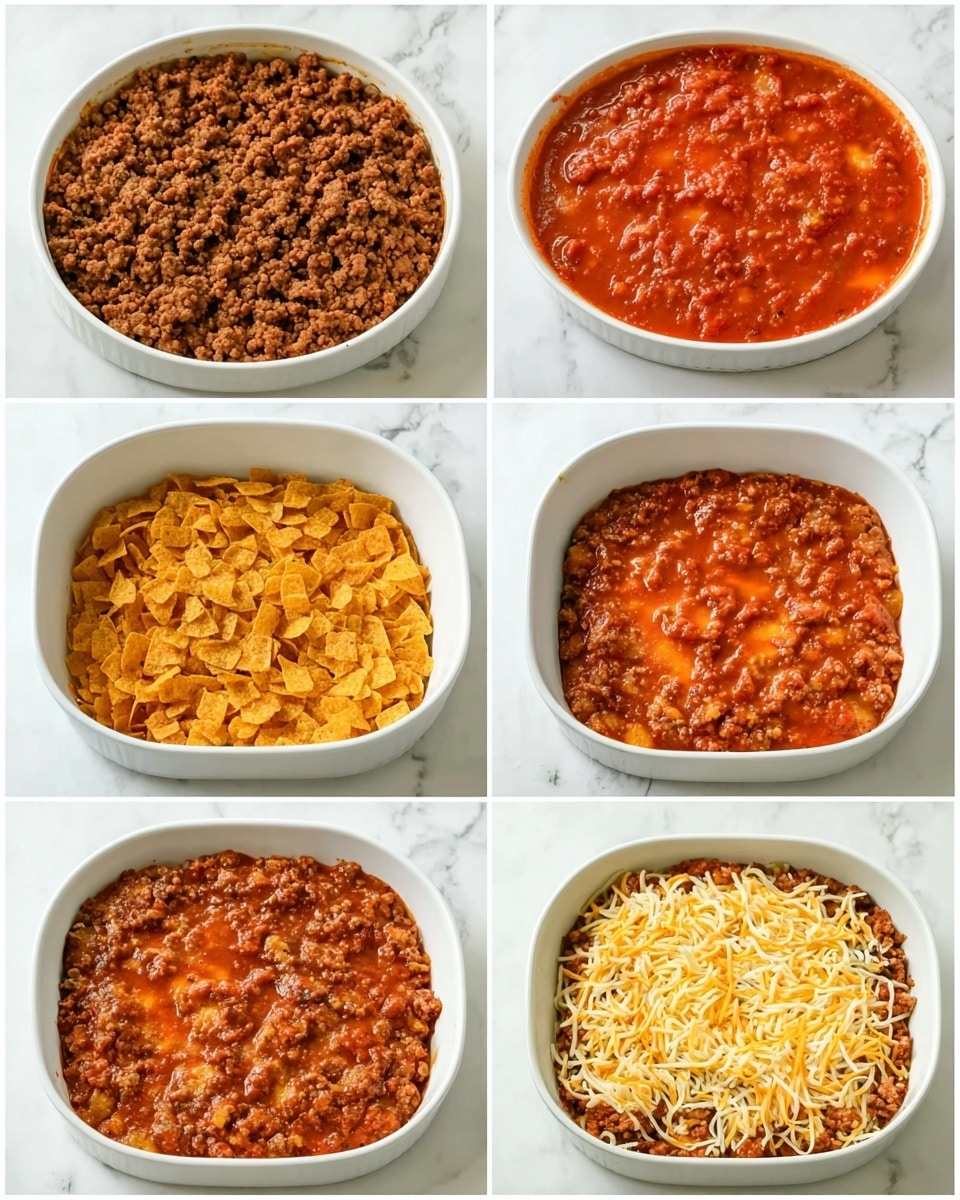 A collage showing the step-by-step layering of a baked dish in a white round and white square baking dish on a white marbled surface. The first row shows a layer of browned ground meat with red tomato sauce spread in the center inside a white round dish. The next image shows the meat layer fully covered with a reddish sauce, smooth and thick. The second row shows the white square dish with a base layer of crushed yellow corn chips evenly spread, next to it the same dish with a thick reddish meat sauce spread over the chips. The third row shows the white square dish with a layer of shredded white cheese over the sauce, and next to it another image of the dish with an additional layer of crushed yellow corn chips on top of the cheese, ready to be baked. photo taken with an iphone --ar 4:5 --v 7