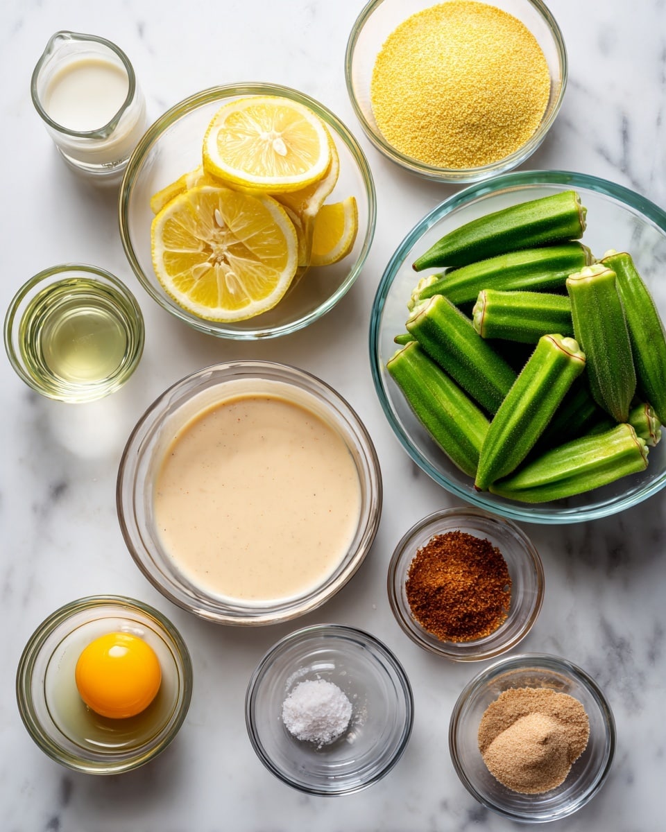 Several clear glass bowls and a small measuring cup sit on a white marbled surface, each containing different ingredients. In the largest bowl on the right are whole fresh okra, light green with firm texture. In front of it is a small bowl holding a single raw egg with a bright yellow yolk and clear white. Below that, a medium bowl contains a creamy light tan sauce with a smooth texture. To the left is a small glass cup with a clear liquid, possibly oil. Above it, a glass bowl holds several lemon wedges with bright yellow skin and juicy interior. Toward the back center is a medium bowl filled with a fine, yellow cornmeal. Small bowls at the top right contain a reddish-brown spice mix and table salt, appearing granular and white. A clear glass measuring cup with a pale liquid, likely buttermilk, is at the top left. All are arranged neatly with clean separation, showing a variety of colors and textures in clear containers. Photo taken with an iphone --ar 4:5 --v 7