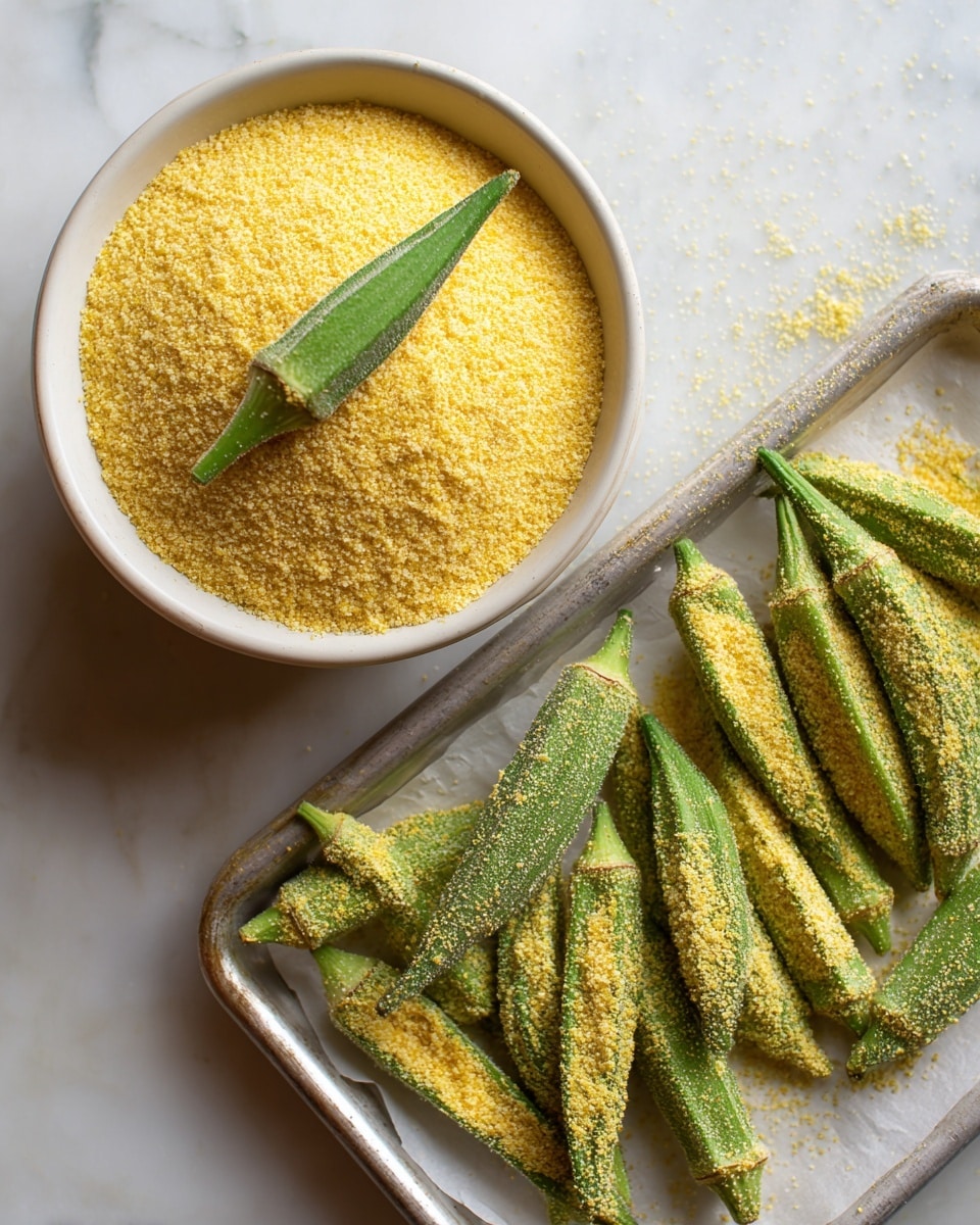 A large white bowl is filled with yellow cornmeal, with one fresh green okra placed on top. Next to the bowl, there is a silver baking tray lined with white parchment paper, holding about twelve okras coated fully in the same yellow cornmeal, giving them a rough texture. The okras are arranged in three uneven rows, showing their oblong and pointed shapes clearly. The background surface is a white marbled texture. photo taken with an iphone --ar 4:5 --v 7