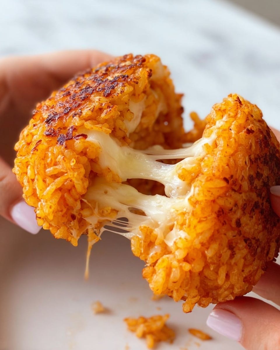 A close-up image shows a white plate holding a crispy, golden-orange rice ball that is being pulled apart by a woman's hand. Inside, stretchy white melted cheese is visible, creating thin strings that connect the two halves of the rice ball. The rice itself is compact and colored a rich orange with seasoning, showing some toasted spots on the outer edges. The background is a white marbled surface, creating a clean and simple setting for the dish photo taken with an iphone --ar 4:5 --v 7