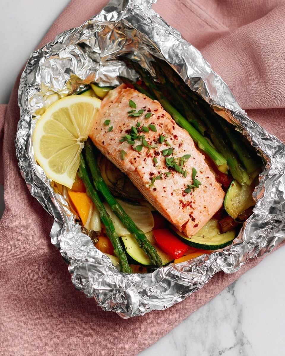 A piece of cooked salmon with a light pink color sits on top of a layer of green asparagus and mixed vegetables like orange peppers and zucchini, all wrapped in shiny, slightly browned foil. A thin lemon slice rests near the salmon on the left side, and small green herbs are sprinkled on top of the fish. The foil packet is placed on a soft pink cloth, and the whole scene is set on a white marbled surface. photo taken with an iphone --ar 4:5 --v 7