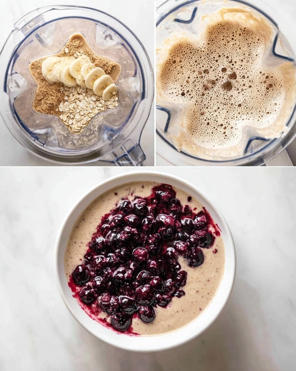 The image shows three views of making a smoothie bowl. The first view is inside a clear blender and has four layers: the bottom layer is light brown milk, the next layer is a halved peeled banana placed horizontally, followed by a layer of light brown powder, and finally a layer of rolled oats on one side. The second view shows the blended mix inside the clear blender, with a light brown foamy texture filled with small bubbles on the surface. The third view is a top-down look at a white bowl filled with the smoothie, topped with a generous layer of dark purple blueberries that have a shiny, slightly wet appearance, with a few blueberry juices spreading into the light beige smoothie below, all placed on a white marbled surface. photo taken with an iphone --ar 4:5 --v 7