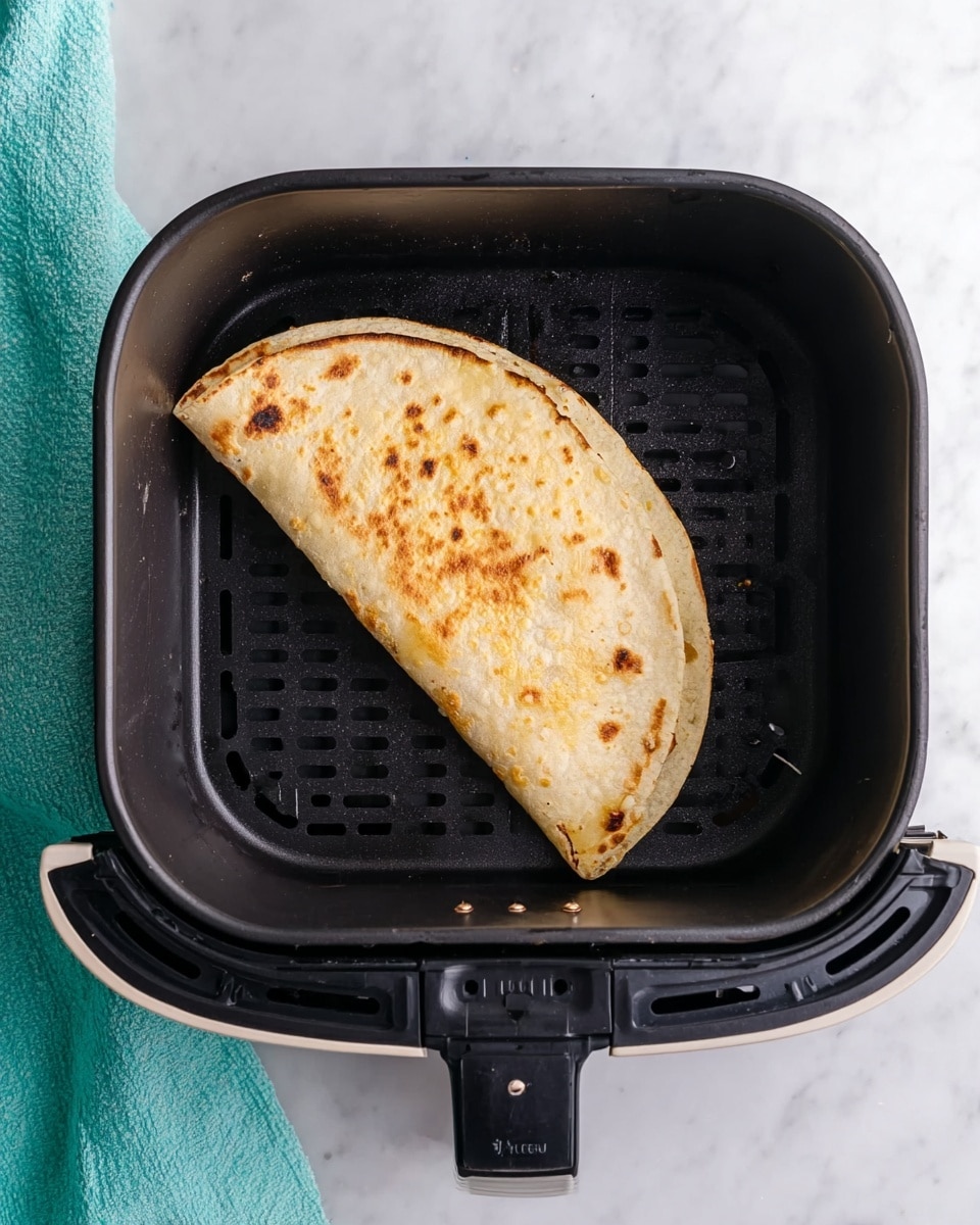 A single folded tortilla taco is placed inside a black air fryer basket. The taco is golden brown with some darker toasted spots, showing a crispy texture on the outside. The air fryer basket is square-shaped with raised ridges and slits at the bottom. The whole setup sits on a white marbled surface, with a light turquoise cloth partially visible at the bottom left corner. Photo taken with an iphone --ar 4:5 --v 7
