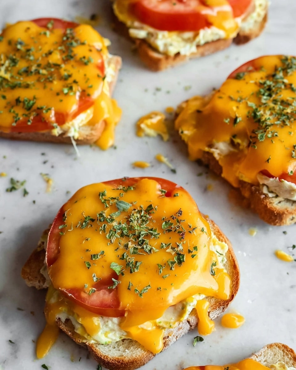 The image shows open-faced sandwiches on a white marbled surface, each with three main layers visible: at the bottom, a toasted bread slice with a slightly browned crust; in the middle, creamy white spread or chicken salad; on top of that, bright red tomato slices covered by a thick layer of melted orange cheddar cheese that drapes over the edges. Small green herb flakes are sprinkled on top and around the sandwiches, adding texture and color contrast, while some melted cheese bits are scattered on the surface nearby. photo taken with an iphone --ar 4:5 --v 7