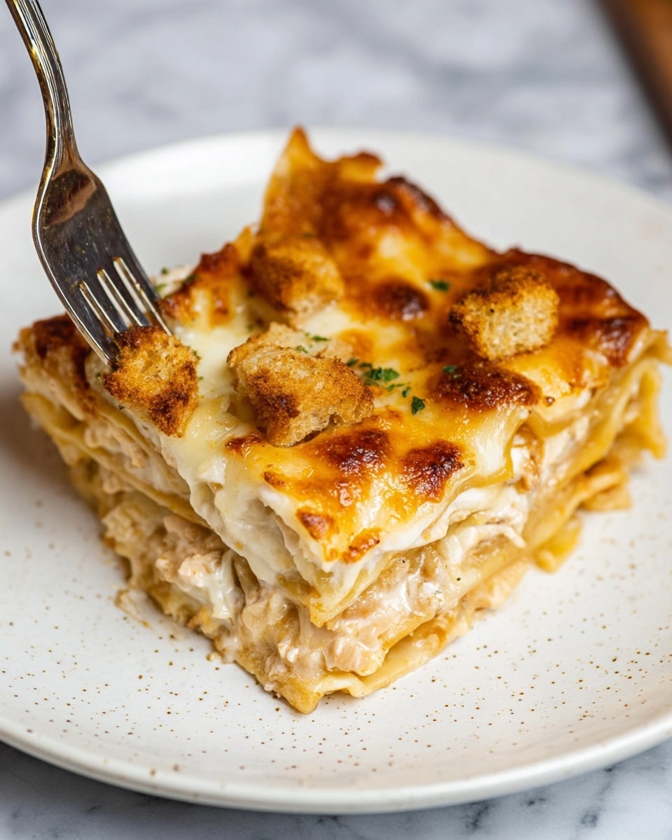A close-up of a square slice of lasagna served on a white plate with small specks, showing four layers. The bottom layer is a golden-brown baked pasta crust. Above that is a light beige creamy filling mixed with small pieces of chicken and soft vegetables. On top of this is another pasta sheet that is slightly translucent, covered with melted cheese layers that are browned in spots, with a tacky and creamy texture. The top layer has small crouton-like bread pieces scattered over the golden-brown cheese, adding a crunchy texture. A fork is lifting the slice slightly on the right side, revealing the gooey cheese and filling inside, all against a white marbled surface. photo taken with an iphone --ar 4:5 --v 7