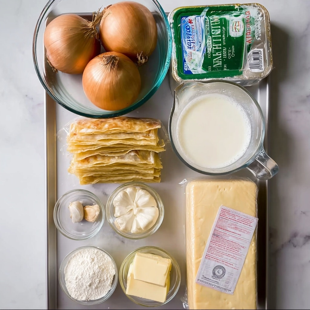 The image shows ingredients arranged on a white marbled surface. At the top, there are three golden-brown onions placed side by side inside a clear glass baking dish. Behind the onions, there is a rectangular package of whole milk mozzarella cheese wrapped in green and white. Below the onions, several slices of light brown toasted bread are stacked together on a silver tray. To the right of the bread, a clear glass measuring cup is filled with white milk. Next to the milk, there is a block of pale yellow cheese in transparent wrapping with a white and red label. Around these main items, small clear glass bowls hold white flour, two blocks of light yellow butter, a small amount of dark brown liquid (likely vanilla or soy sauce), and peeled garlic cloves. The overall arrangement is neat and colorful, with a focus on natural textures and tones. Photo taken with an iphone --ar 4:5 --v 7