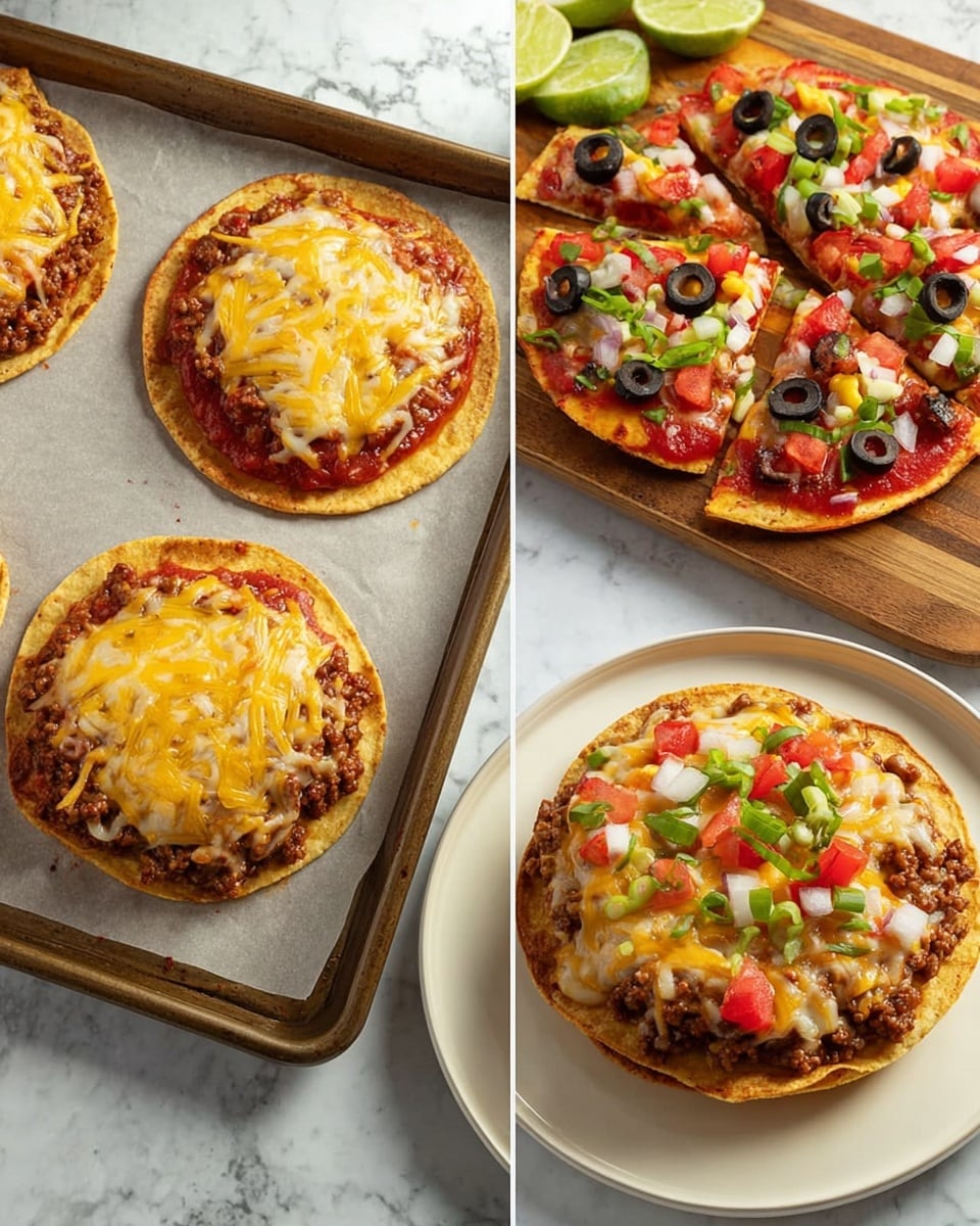 The image shows three small round tostadas on a baking sheet with a white marbled background. Each tostada has three layers: the bottom layer is a thick, crispy tostada shell with a golden-brown color; the second layer is ground meat spread evenly in a rich brown shade; the third layer is red tomato sauce with melted shredded yellow and white cheese piled high on top. Next to this, on the right side, there is a wooden board with a sliced tostada pizza topped with melted cheese, diced red tomatoes, green onions, and black olives, with lime wedges on the side. Below that, a single tostada pizza is placed on a white plate, showing the melted cheese, tomato chunks, black olives, and green onions on top. All dishes are set on a white marbled surface. Photo taken with an iphone --ar 4:5 --v 7