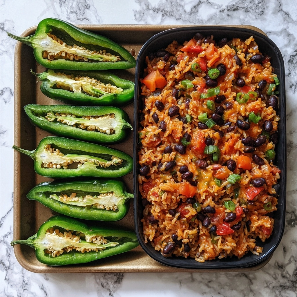 The image shows two baking sheets on a white marbled surface, each holding eight halved green peppers arranged in two columns of four. The peppers are bright green with shiny, smooth skin and cut lengthwise, seeds removed, and a few small pieces inside. On the left tray, the peppers are empty and clean, while on the right tray, the peppers are filled with a colorful mix that includes brown lentils or beans, diced red peppers, yellow corn kernels, and small white pieces, giving a textured and chunky look. Both trays have some scattered crumbs or seasoning around the peppers. Photo taken with an iphone --ar 4:5 --v 7