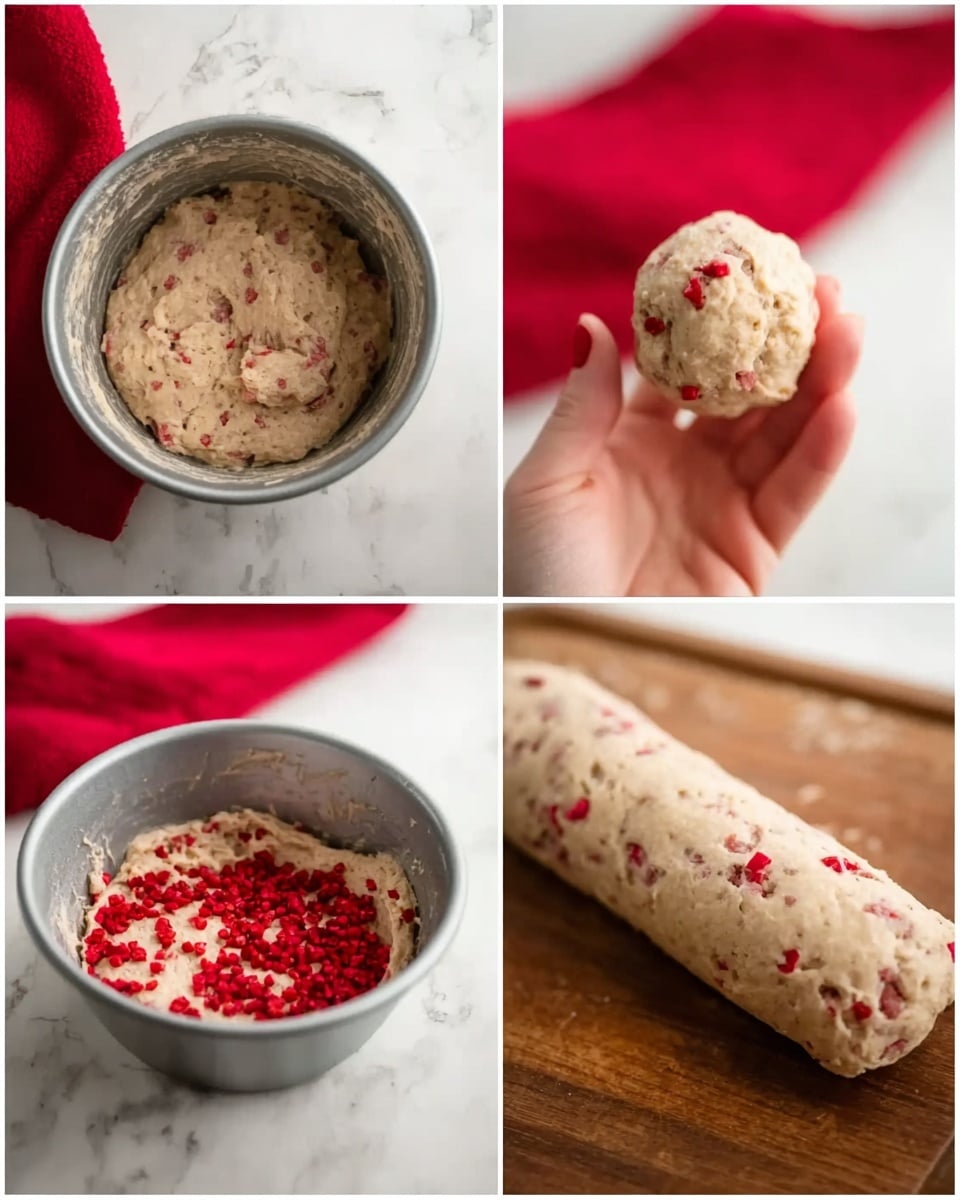 The image shows four small pictures arranged in a grid. In the top-left picture, there is a gray metal bowl with a beige dough mixed with small red pieces inside it, sitting on a white marbled surface with a red cloth nearby. The top-right picture shows a woman's hand holding a small ball of the same beige dough with red bits. The bottom-left picture shows the gray metal bowl again, now with bright red pieces added on top of the beige dough, with the same white marbled surface and red cloth visible. The bottom-right picture shows a close-up of a beige dough roll mixed evenly with small red pieces, resting on a wooden board with the red cloth at the top corner. photo taken with an iphone --ar 4:5 --v 7