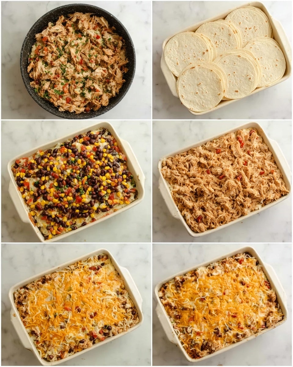 The image shows six steps of assembling a layered dish in a white rectangular pan placed on a white marbled surface. The first image shows cooked shredded chicken mixed with herbs and small bits of red and green ingredients in a black pan. The second image places several round light beige tortilla pieces overlapping on the bottom of the white pan. The third image layers a spread of shredded chicken mixture evenly over the tortillas, covering the whole surface. The fourth image adds a layer of cooked black beans and yellow corn spread evenly on top of the chicken mixture. The fifth image shows a thick layer of shredded orange and yellow cheese spread evenly over the beans and corn. The sixth image finishes by placing more overlapping light beige round tortilla pieces on top of the cheese layer, partially covering it. Photo taken with an iphone --ar 4:5 --v 7