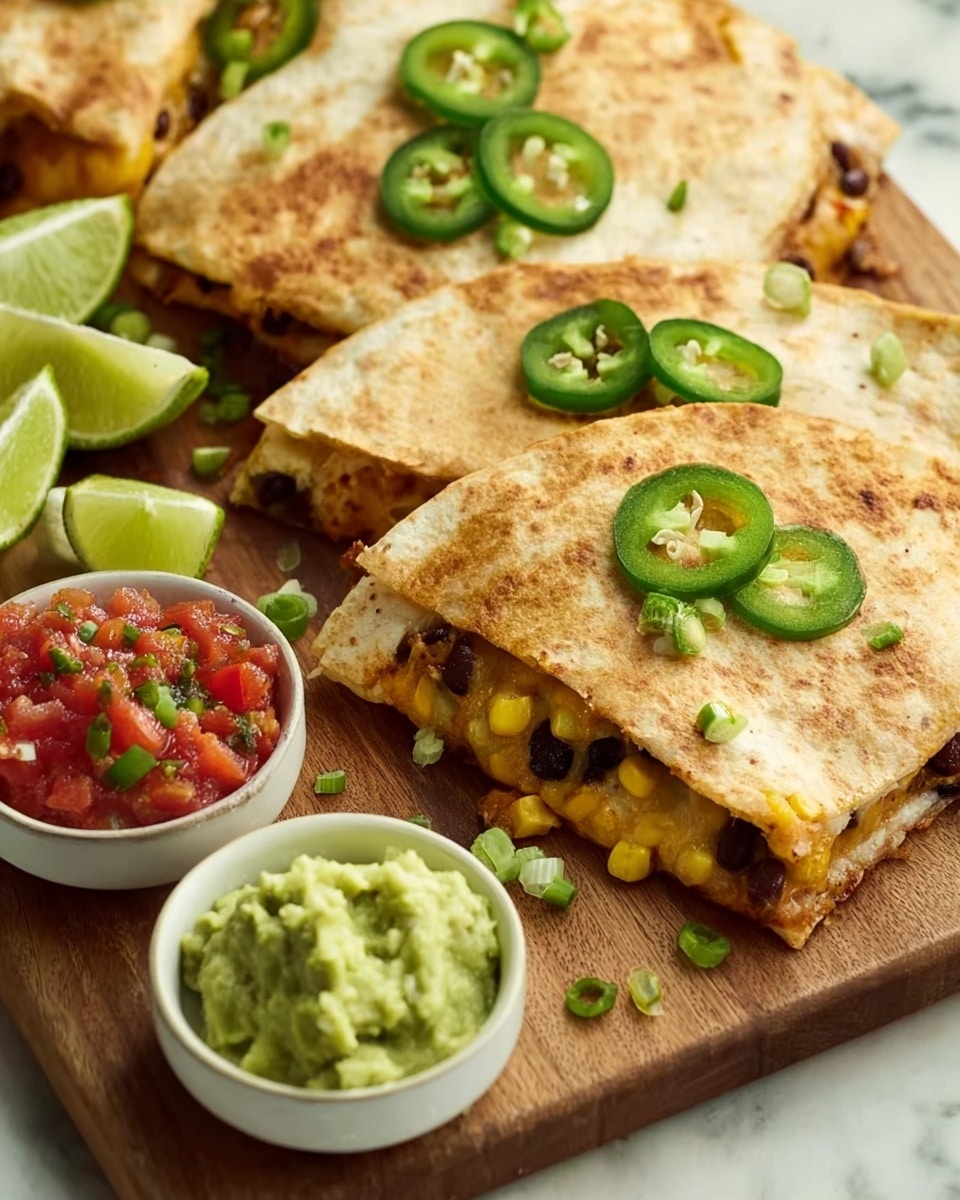 A wooden board holds several folded quesadillas with a light golden-brown outer layer, each topped with a thin slice of green jalapeño and small pieces of chopped green onion. The quesadillas reveal a filling with visible layers of melted cheese, yellow corn, and black beans, showing a mix of creamy and soft textures inside. Next to them are lime wedges with a fresh green color. In front of the board, two small white bowls sit on a white marbled surface: one bowl contains chunky red tomato salsa mixed with green peppers and onions, and the other holds a creamy green guacamole. The scene has a warm, inviting look. photo taken with an iphone --ar 4:5 --v 7