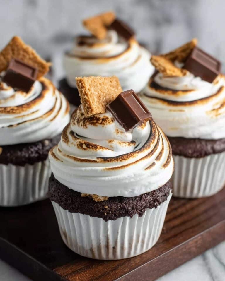 Chocolate S’mores Cupcakes with Graham Cracker Crust and Fluffy Meringue Frosting Recipe