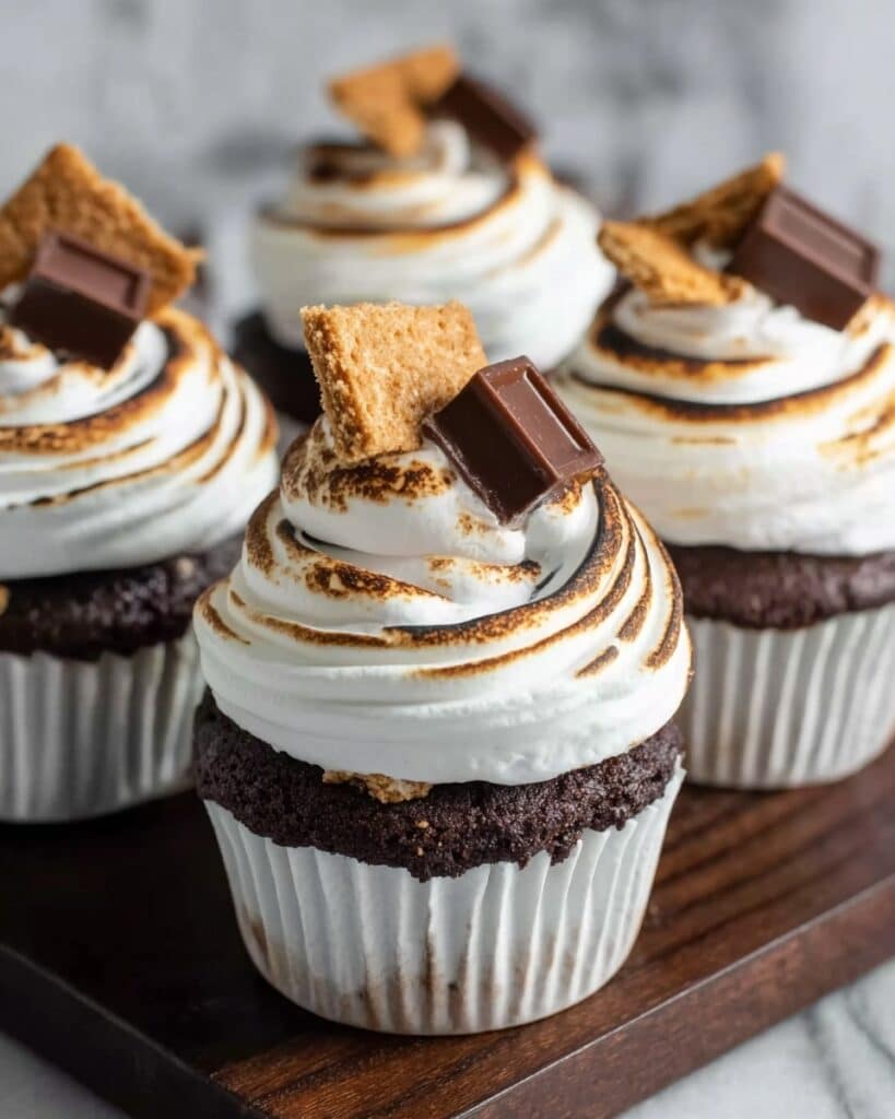 Chocolate S’mores Cupcakes with Graham Cracker Crust and Fluffy Meringue Frosting Recipe