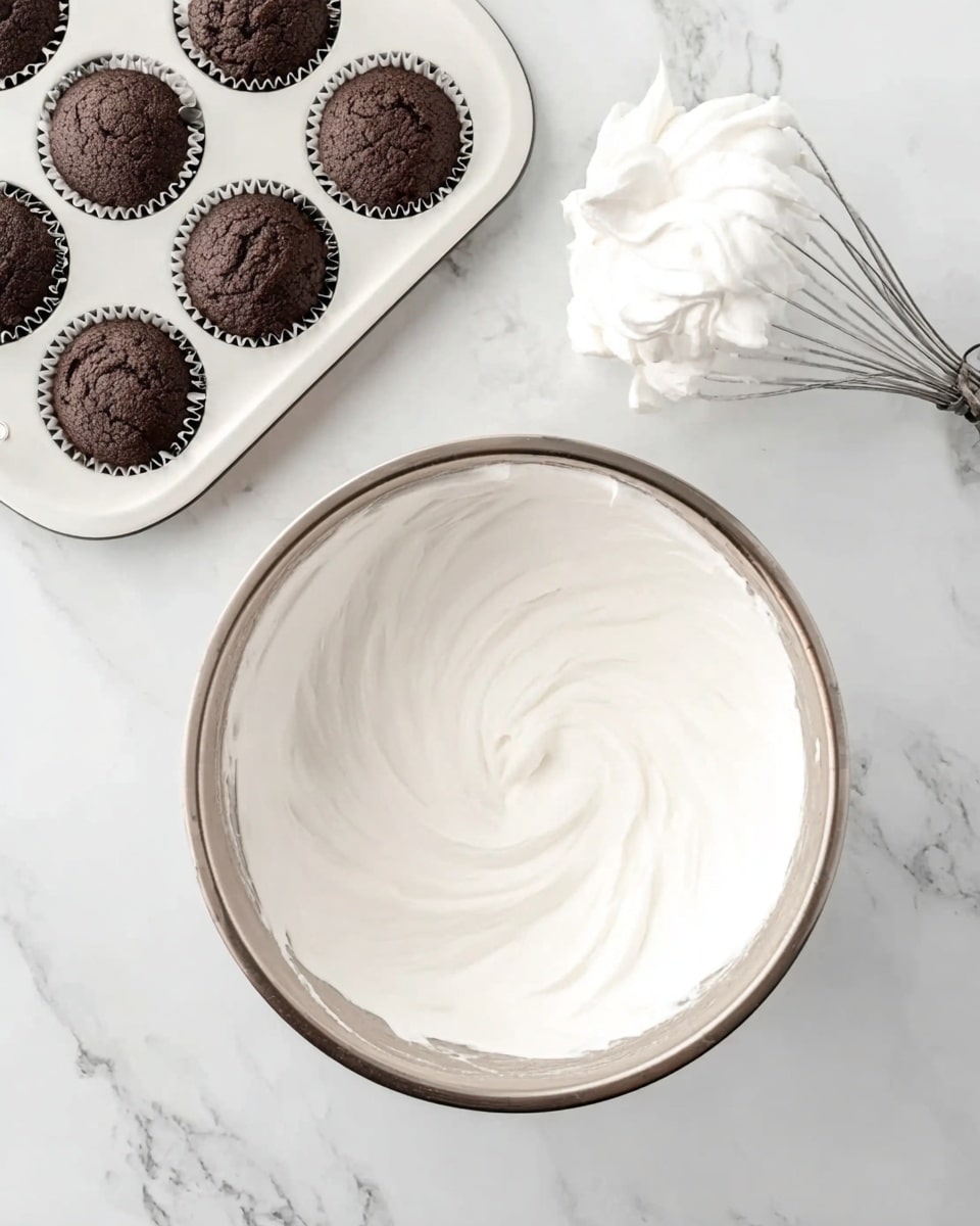 The image shows a white marbled surface with a metal mixing bowl filled with smooth, fluffy white whipped cream in the center. Above the bowl, there is a metal whisk with a large swirl of the same fluffy white cream clinging to it. To the upper left of the bowl, there is a white bowl-shaped baking tray with six round chocolate cupcakes, each with a cracked top and dark brown color. The overall scene is bright and clean, highlighting the contrast between the dark cupcakes and the white whipped cream. Photo taken with an iphone --ar 4:5 --v 7