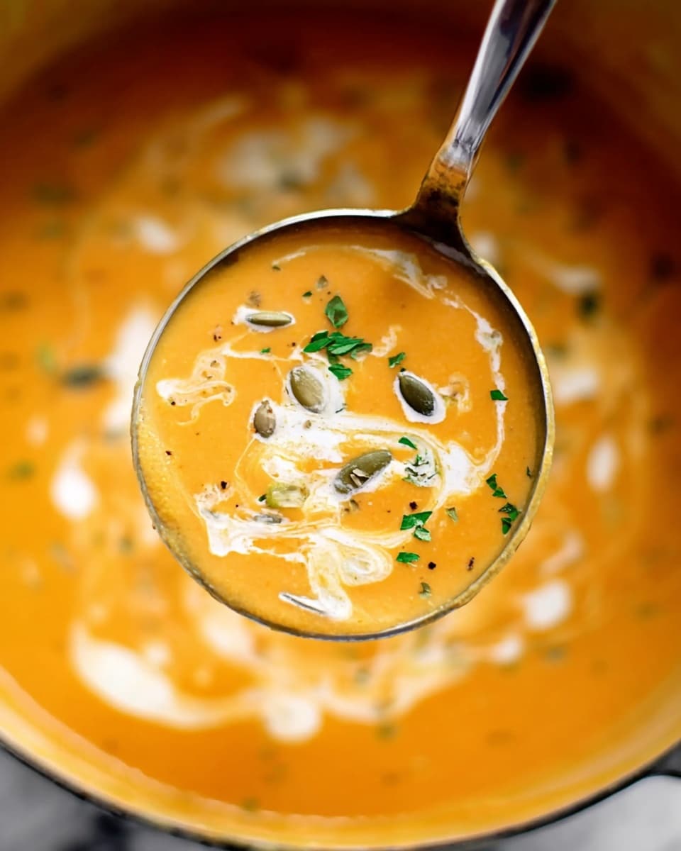 The image shows a hollowed-out butternut squash used as a bowl filled with creamy orange soup. The soup has swirls of white cream on top, decorated with a few green pumpkin seeds and small bits of fresh green herbs scattered across the surface. The squash bowl has a smooth, matte orange outer skin, and the thick, orange soup fills it near the brim. In the background, part of an instant pot with an orange and black control panel is visible, along with a gold spoon and a piece of ginger root resting on a white marbled surface. Photo taken with an iphone --ar 4:5 --v 7