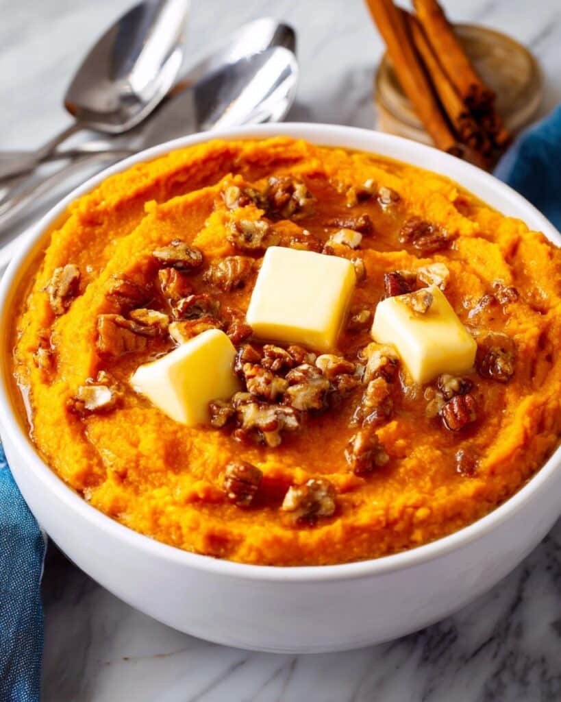 Slow Cooker Mashed Sweet Potatoes with Cinnamon Sugar Nut Topping Recipe
