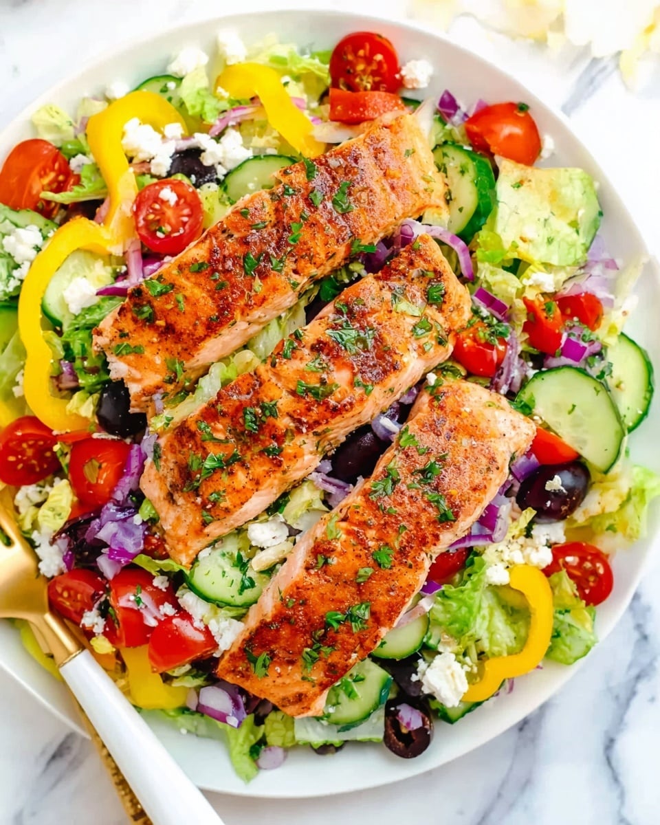 The image shows a white plate filled with a colorful fresh salad as the base layer, including green lettuce, sliced cucumbers, yellow bell pepper rings, halved cherry tomatoes, thin slices of red onion, and small black olive pieces. There are small white crumbles of cheese scattered evenly over the salad. On top, three grilled salmon fillets with a light brown and slightly crispy surface are placed diagonally on the salad, sprinkled with green herbs. The setting is on a white marbled surface, and a gold fork with a white handle is placed near the plate. Photo taken with an iphone --ar 4:5 --v 7