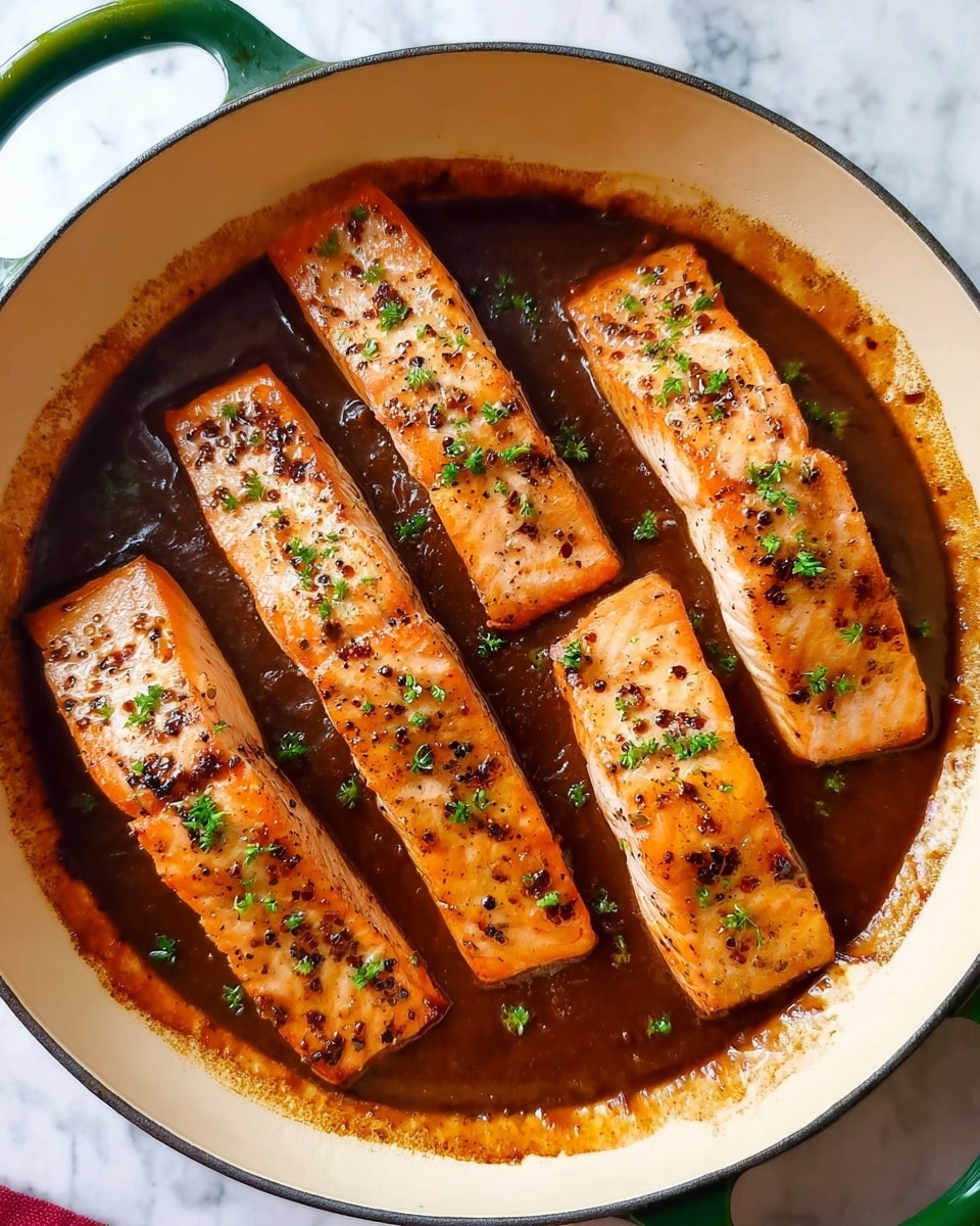 The image shows five long, rectangular pieces of salmon cooked with a brown sauce in a white pot. Each salmon piece has a light pink color with darker, cooked edges and tiny black pepper spots on top. The brown sauce has a glossy, thick texture covering the bottom of the pot and partly on the salmon pieces. Small green herb bits are sprinkled over the top, adding a bit of color contrast. The pot handle is green and the background is a white marbled surface. photo taken with an iphone --ar 4:5 --v 7
