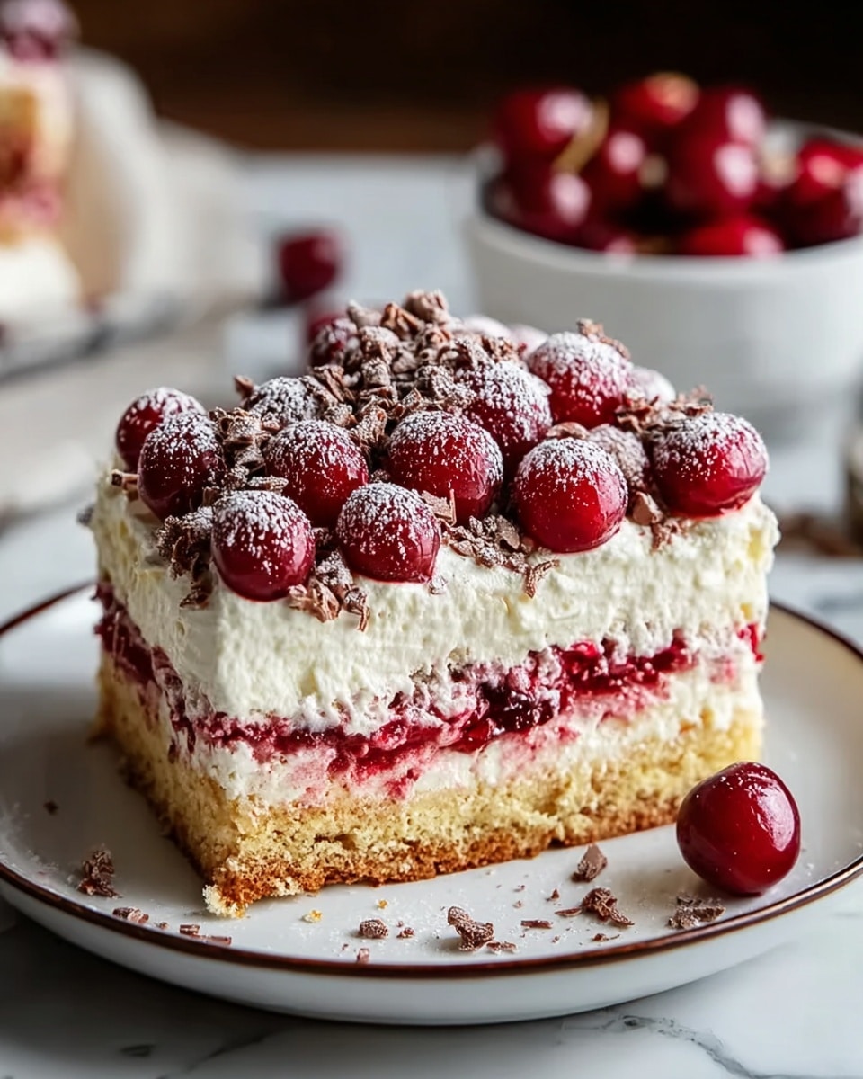 A square cake slice is shown on a white plate with a narrow dark rim. The cake has three layers: the bottom layer is a light brown sponge with a slightly crumbly texture, the middle layer is thick, smooth white cream with a hint of red berry sauce running through it, and the top layer is another light brown sponge covered with a thick layer of fluffy white cream. Resting on the cream top are many bright red cherries, some whole and some with a slight burst, sprinkled lightly with white powdered sugar and dark chocolate shavings. One cherry sits on the plate beside the cake. The background includes a white marbled surface and soft focus on a white bowl with more cherries. Photo taken with an iphone --ar 4:5 --v 7